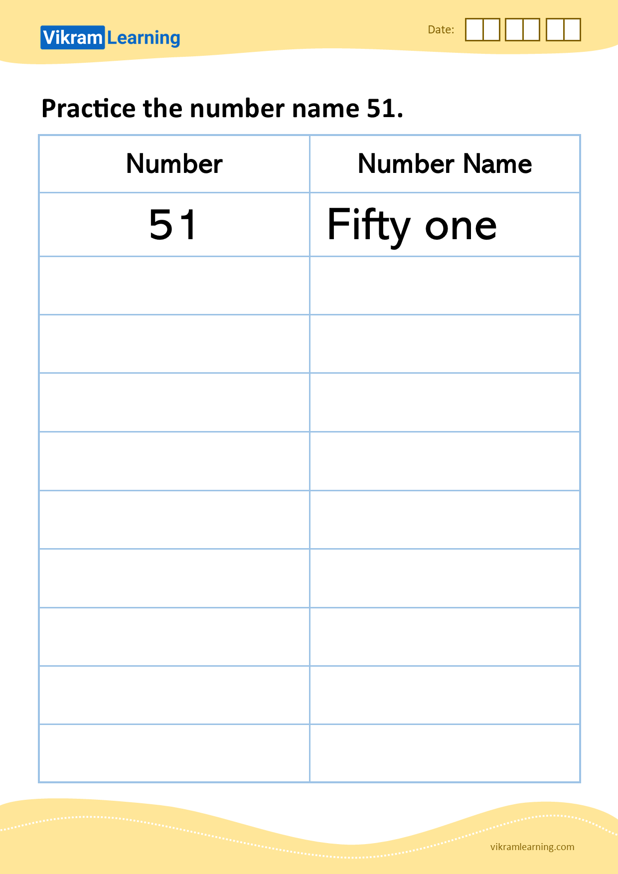 Download practice the number name 51 worksheets