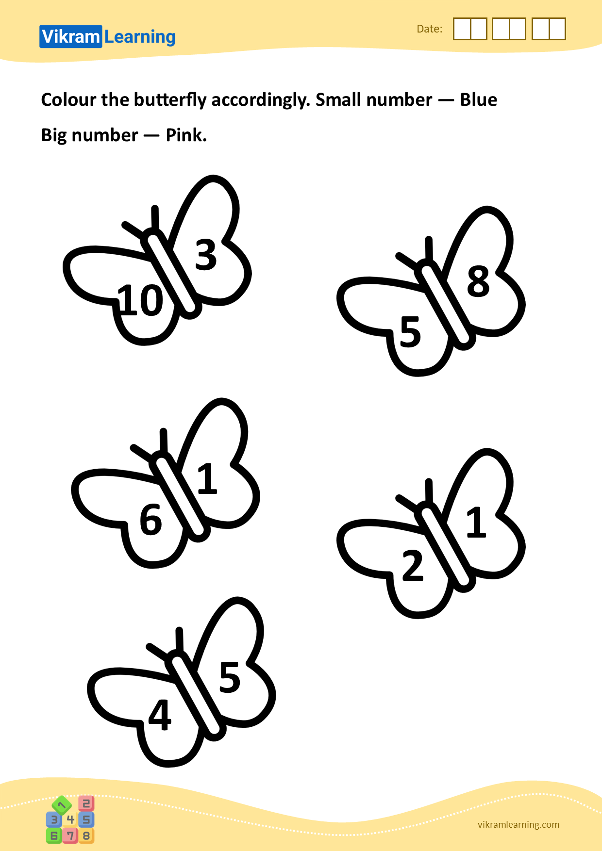 Download colour the butterfly accordingly. small number — blue
big number — pink. worksheets