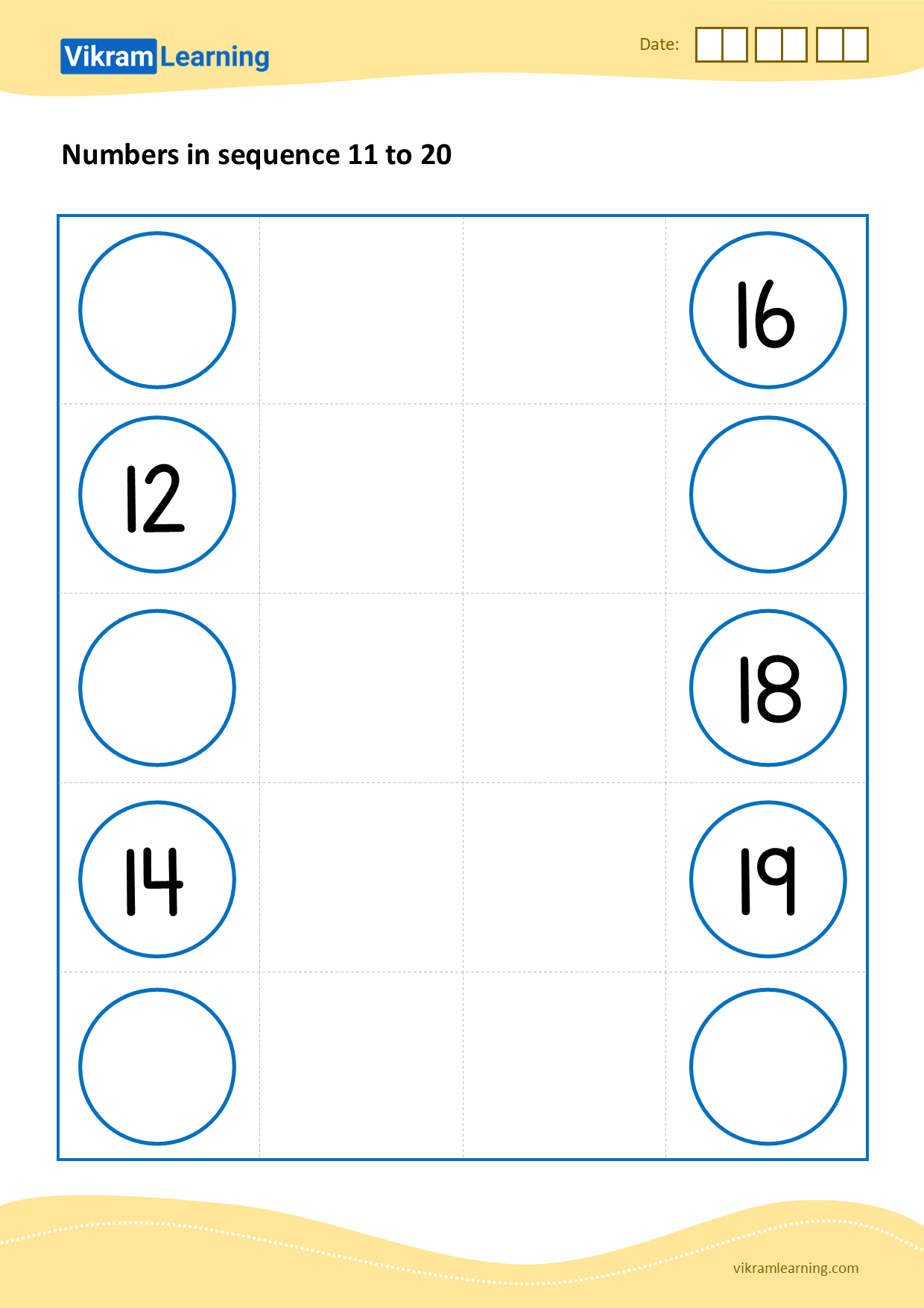 Download numbers in sequence 11 to 20 - pattern 3 worksheets
