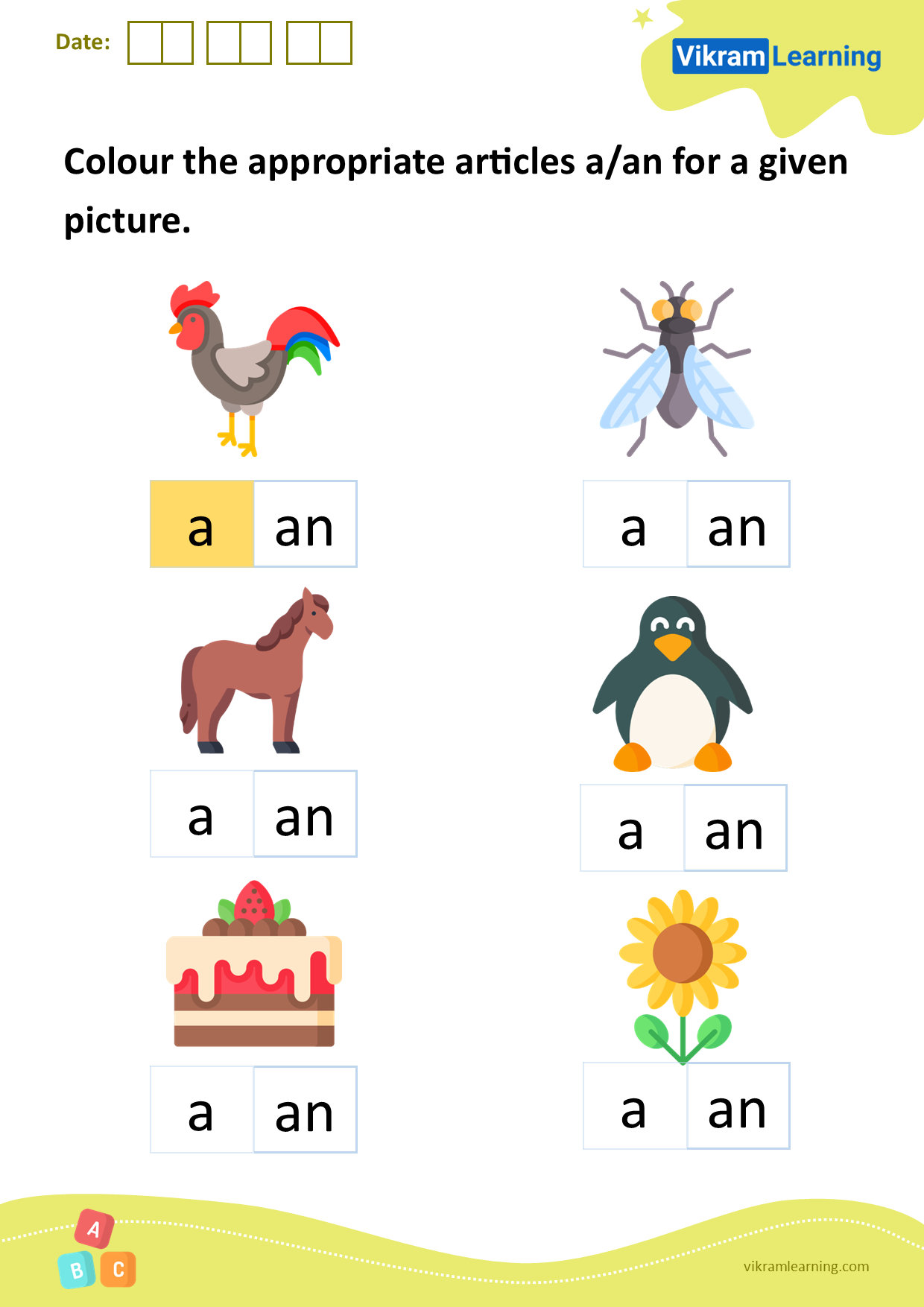 Download colour the appropriate articles a/an for a given picture worksheets