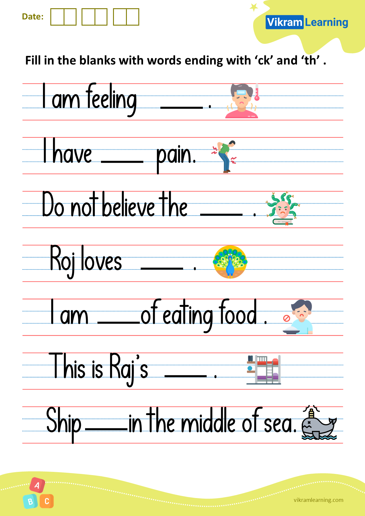 Download fill in the blanks with words ending with ‘ck’ and ‘th’ worksheets