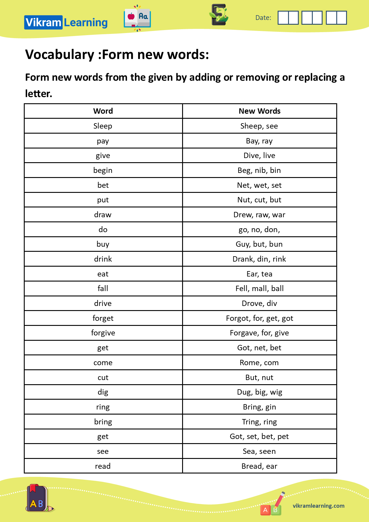 Download vocabulary: unscramble words, form new words, words ladder, forming new words by adding, removing, or replacing letters, build new words, example: forgive
: forgave, for, give, begin: beg, nib, bin, began, etc. worksheets