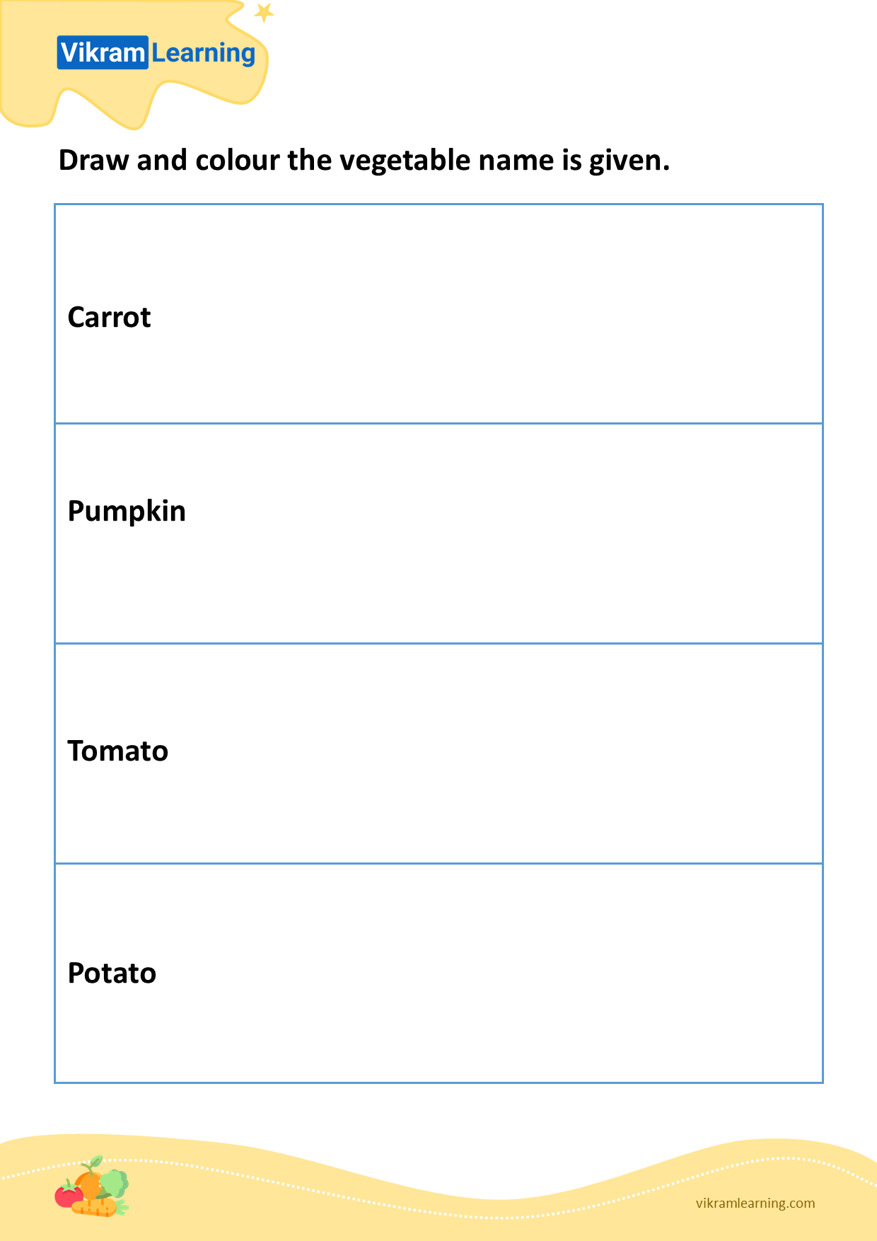 Download draw and colour the vegetable name is given worksheets