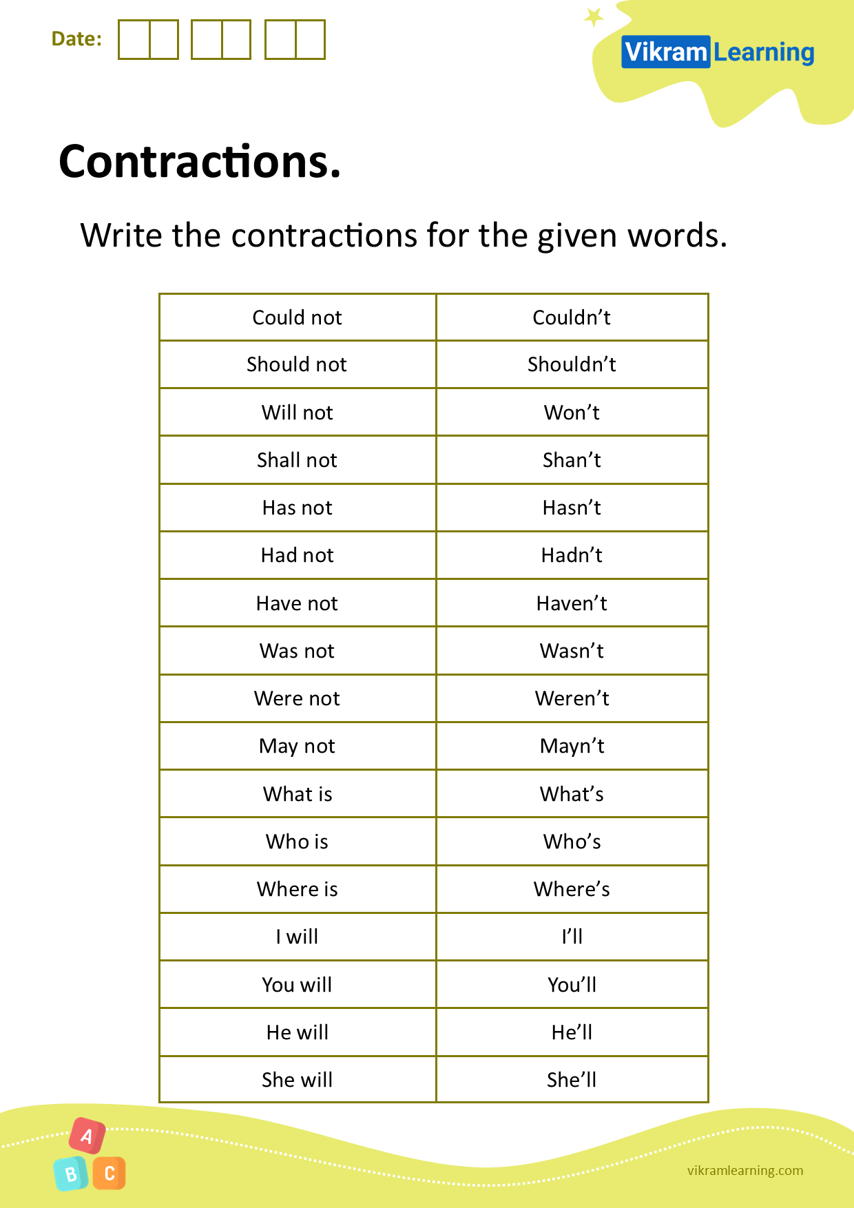 Download Contractions Worksheets | Vikramlearning.com