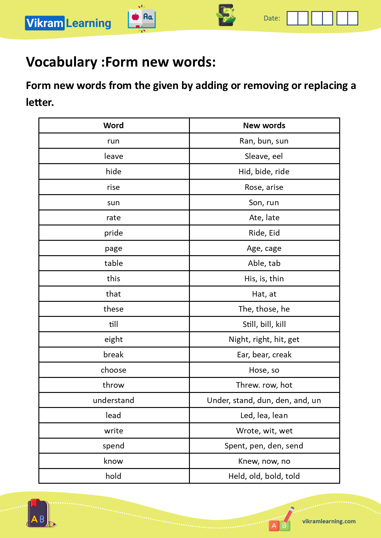 Download vocabulary: unscramble words, form new words, words ladder, forming new words by adding, removing, or replacing letters, build new words, example: understand
: under, stand, dun, den, and, un, eight: night, right, hit, get, etc. worksheets