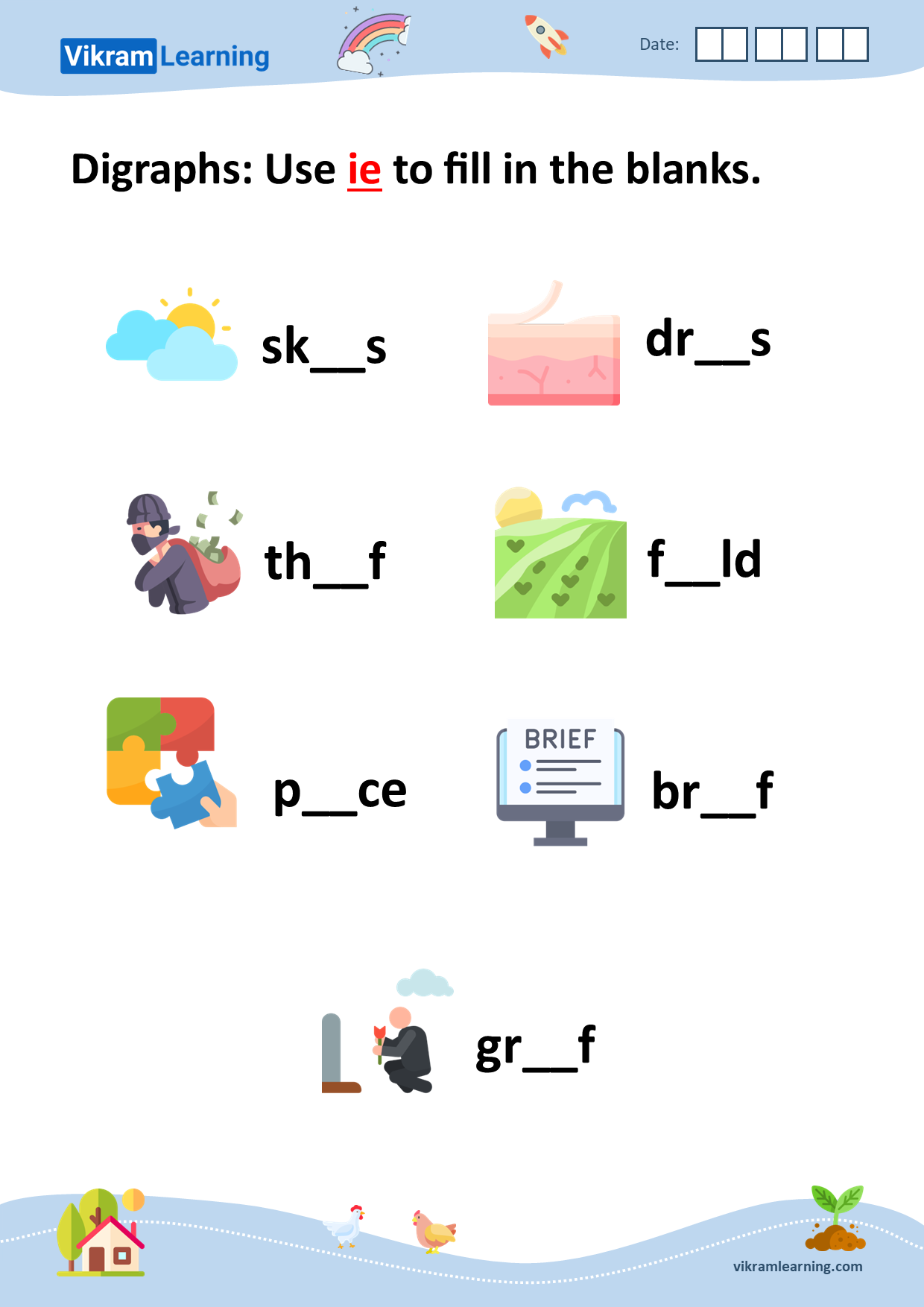 Download digraphs: use ie to fill in the blanks worksheets