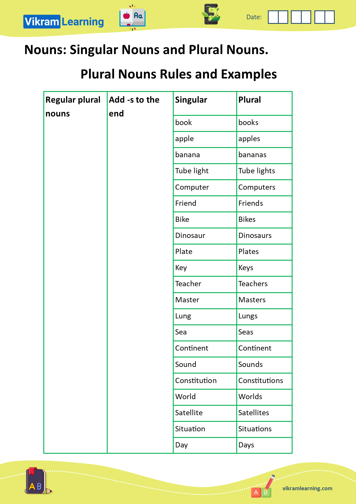 Download singular nouns and plural nouns, plural rules for words ending in s ,ss , x, ex, ix, y, f, fe, us, etc. some plurals are same as singulars, irregular plurals, some words are always in plurals form. worksheets