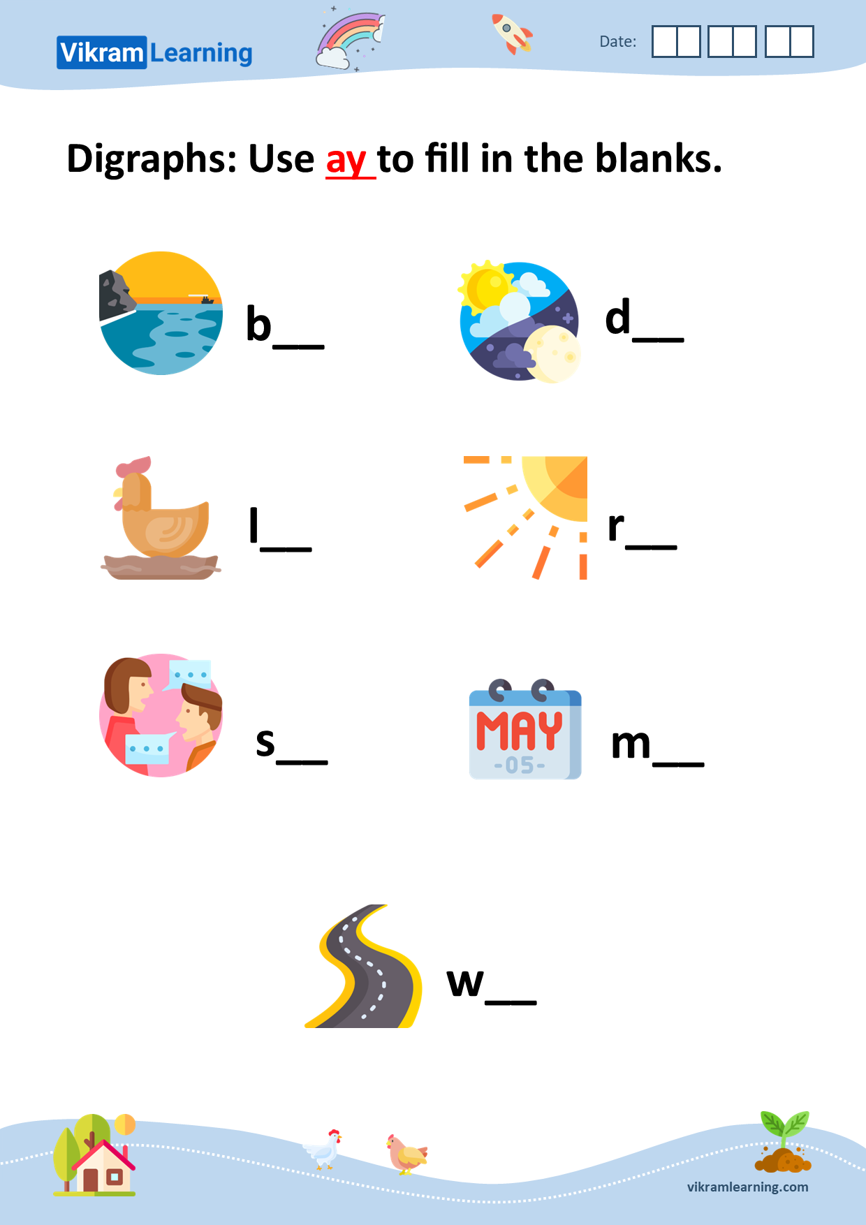 Download digraphs: use ay to fill in the blanks worksheets