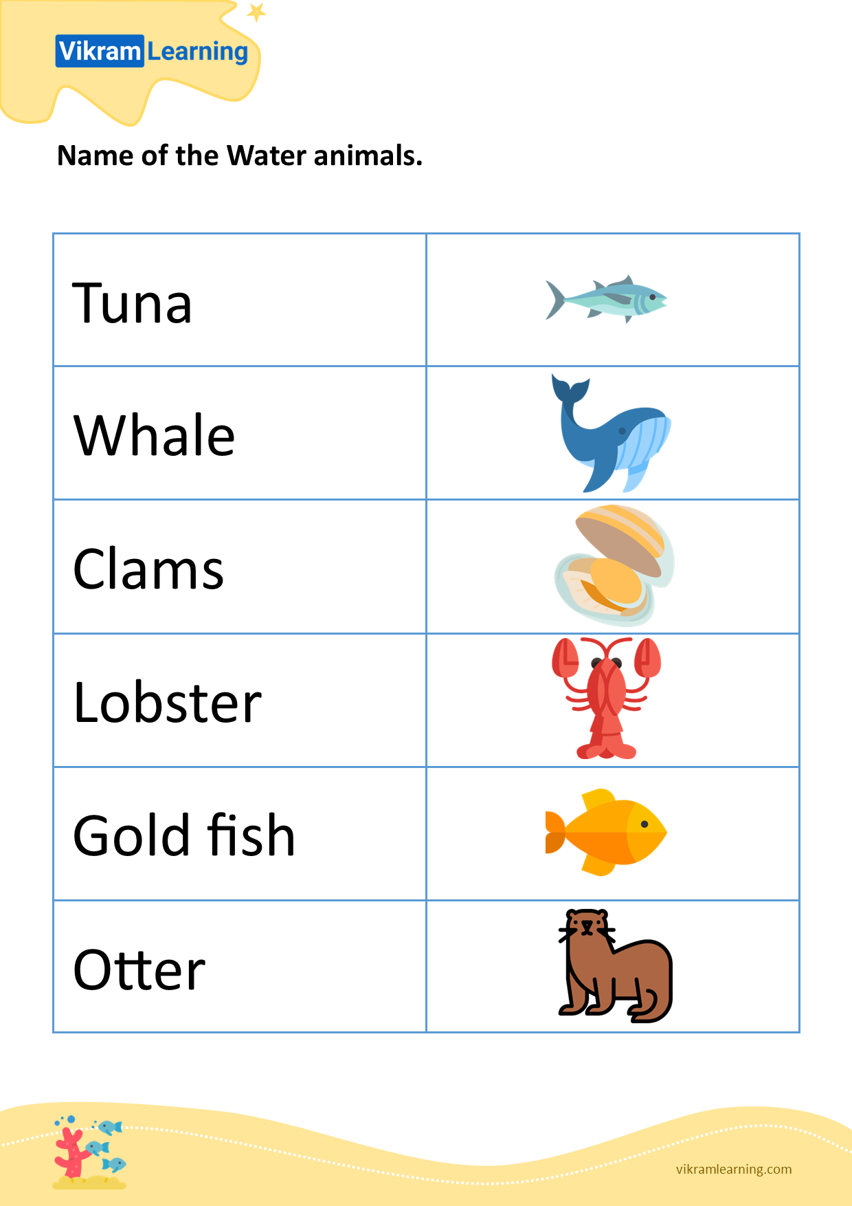 Download name of the water animals - 4 worksheets
