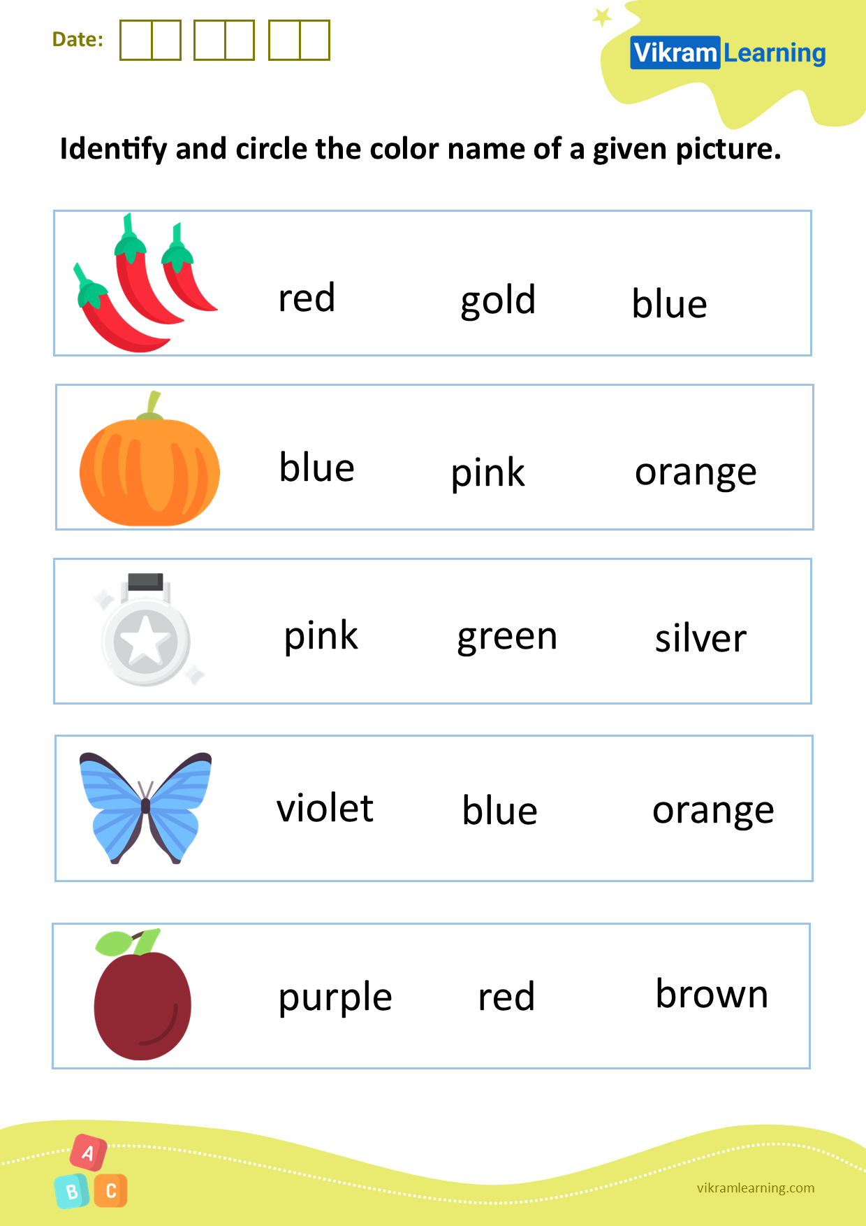 Download identify and circle the color name of a given picture worksheets