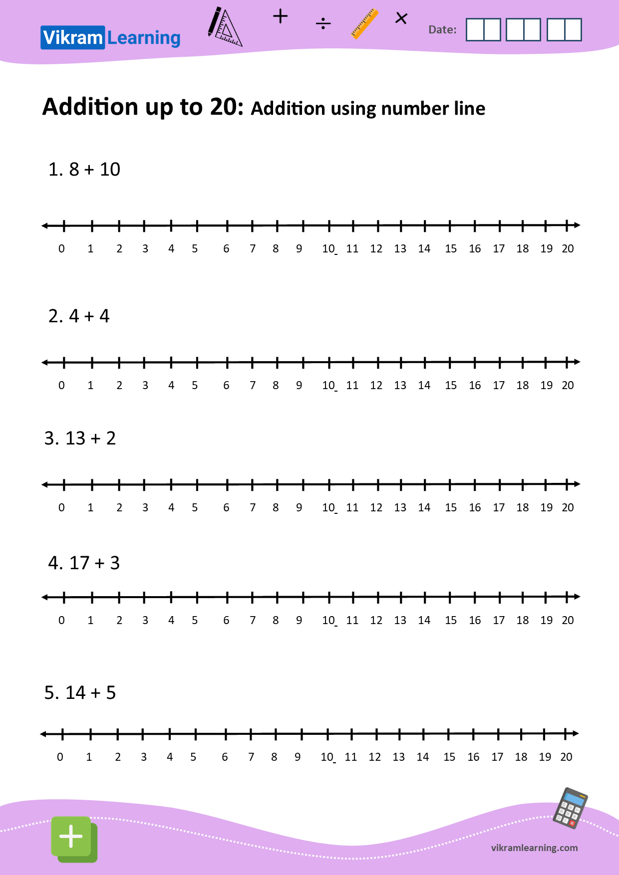 Download addition up to 20 using number line worksheets