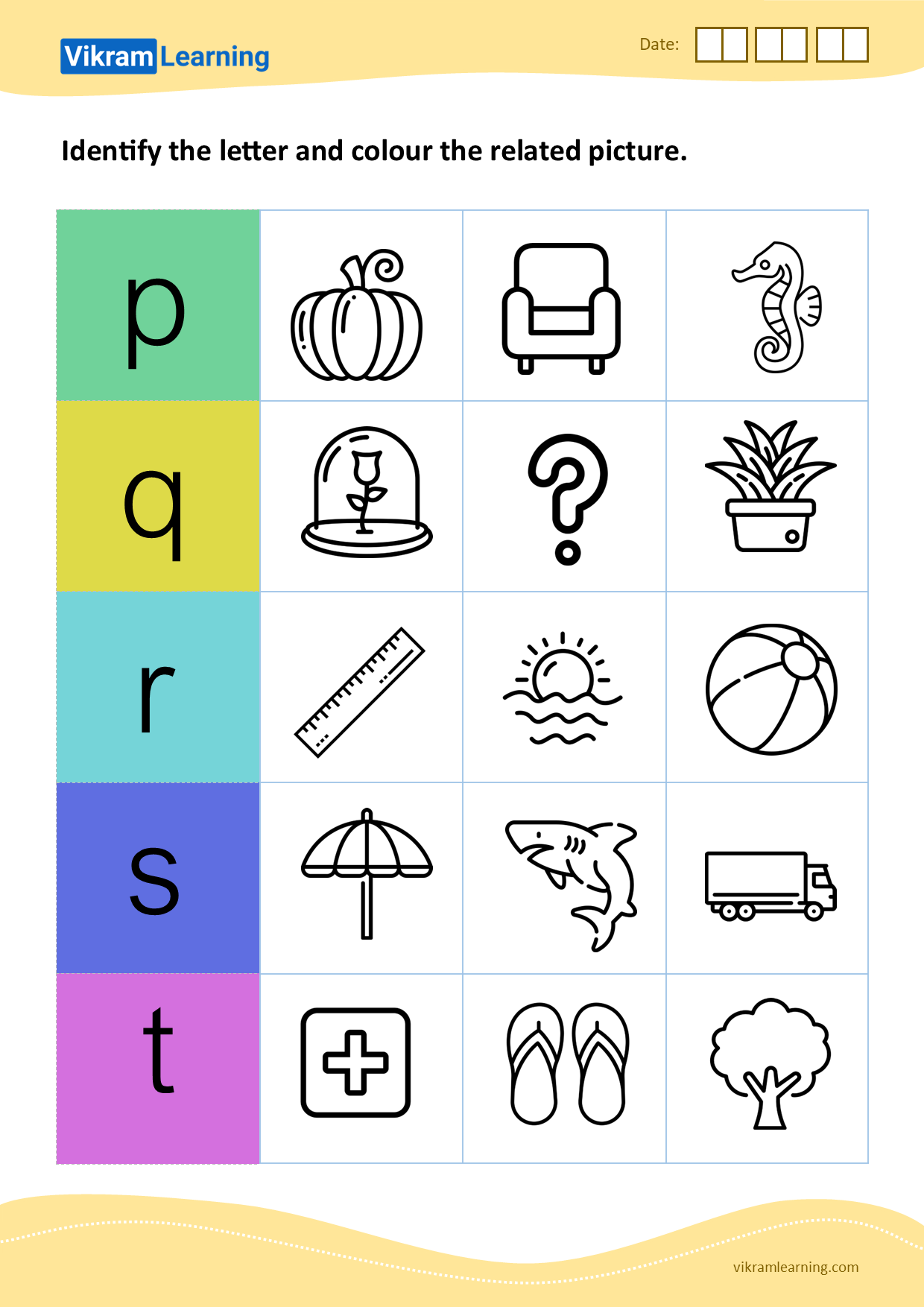 Download identify the letter and colour the related picture (p to t) - pattern 1 worksheets