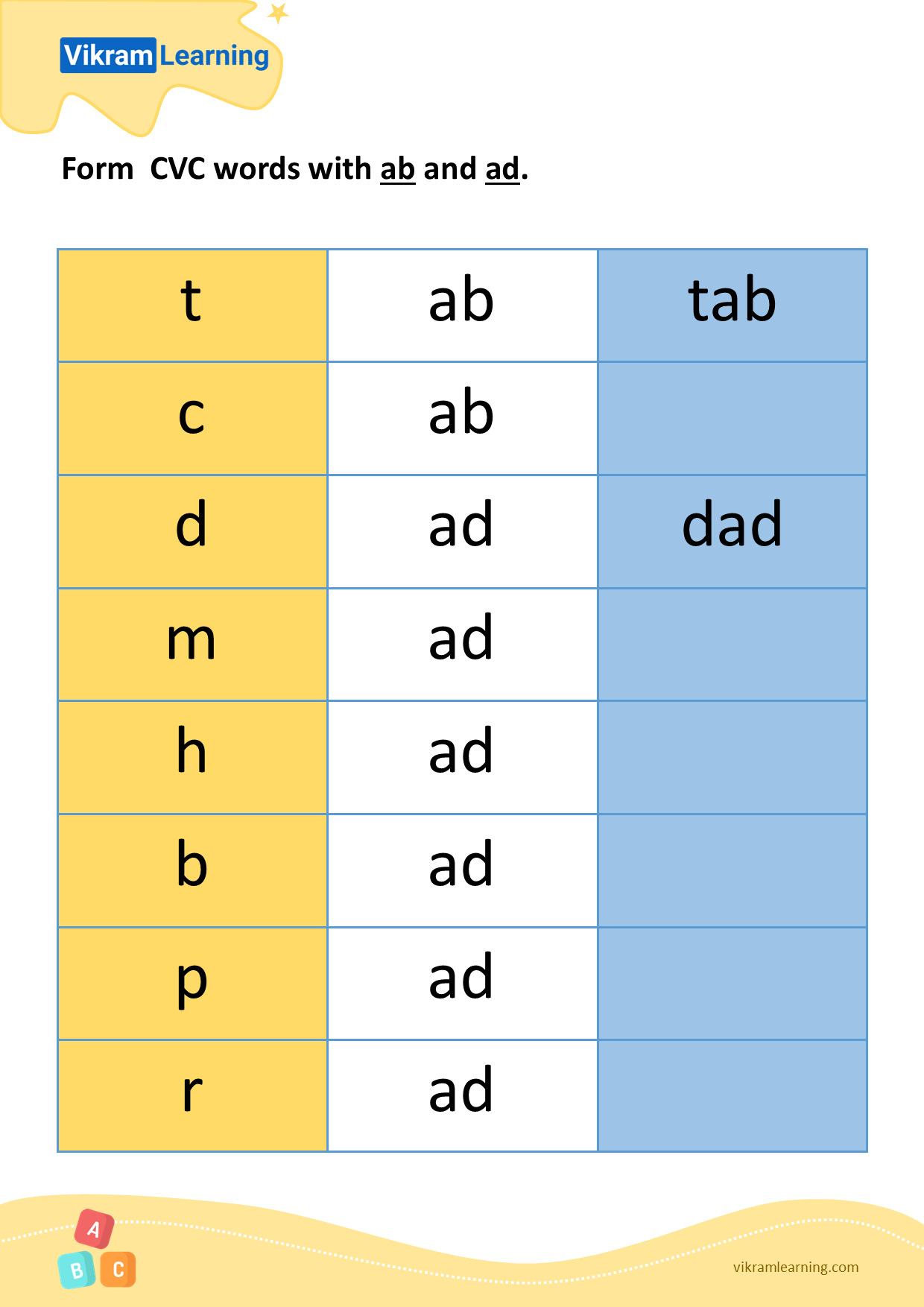 Download form cvc words with ab and ad worksheets