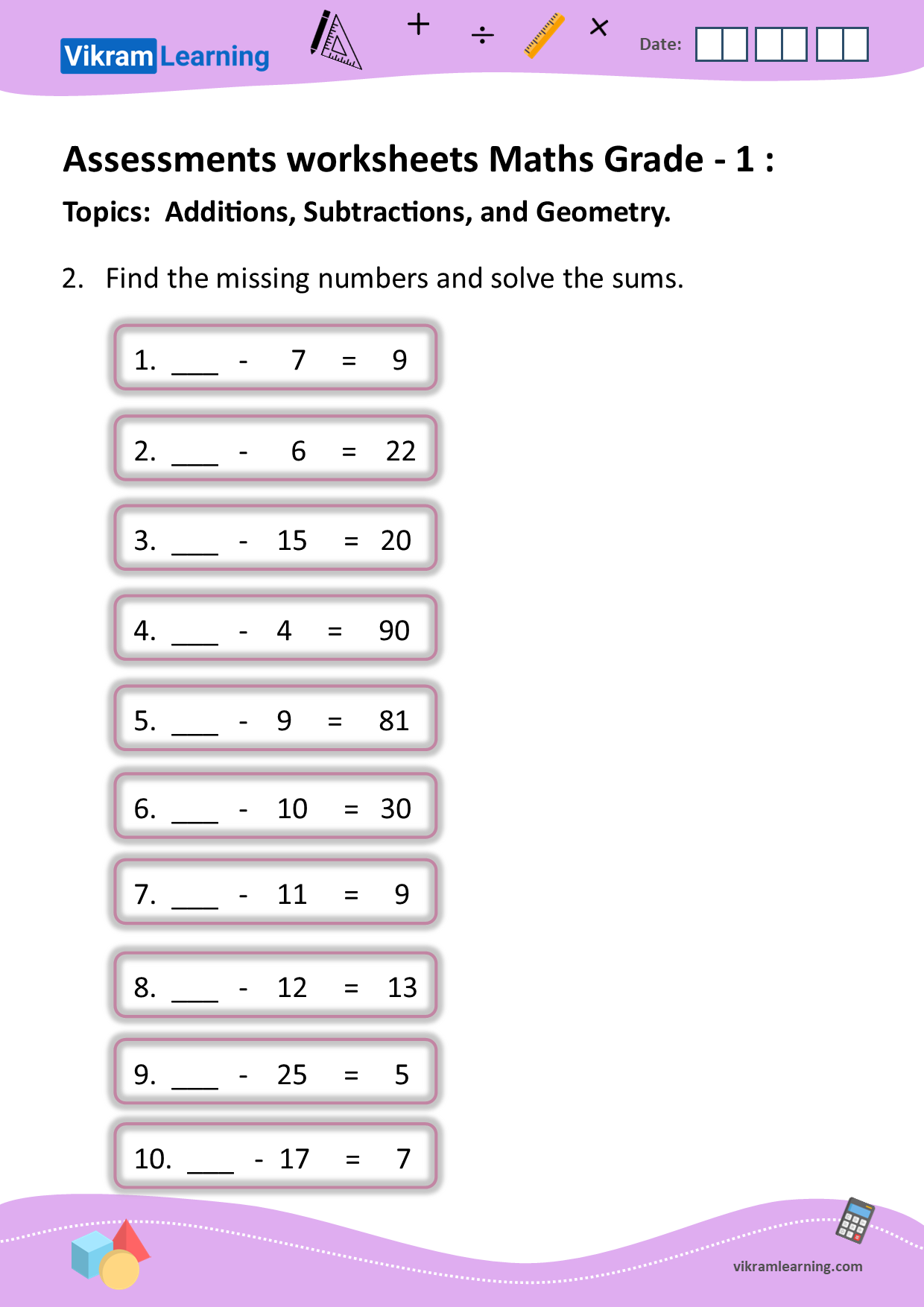 Download assessments worksheets maths grade - 1, additions, subtraction, and geometry worksheets