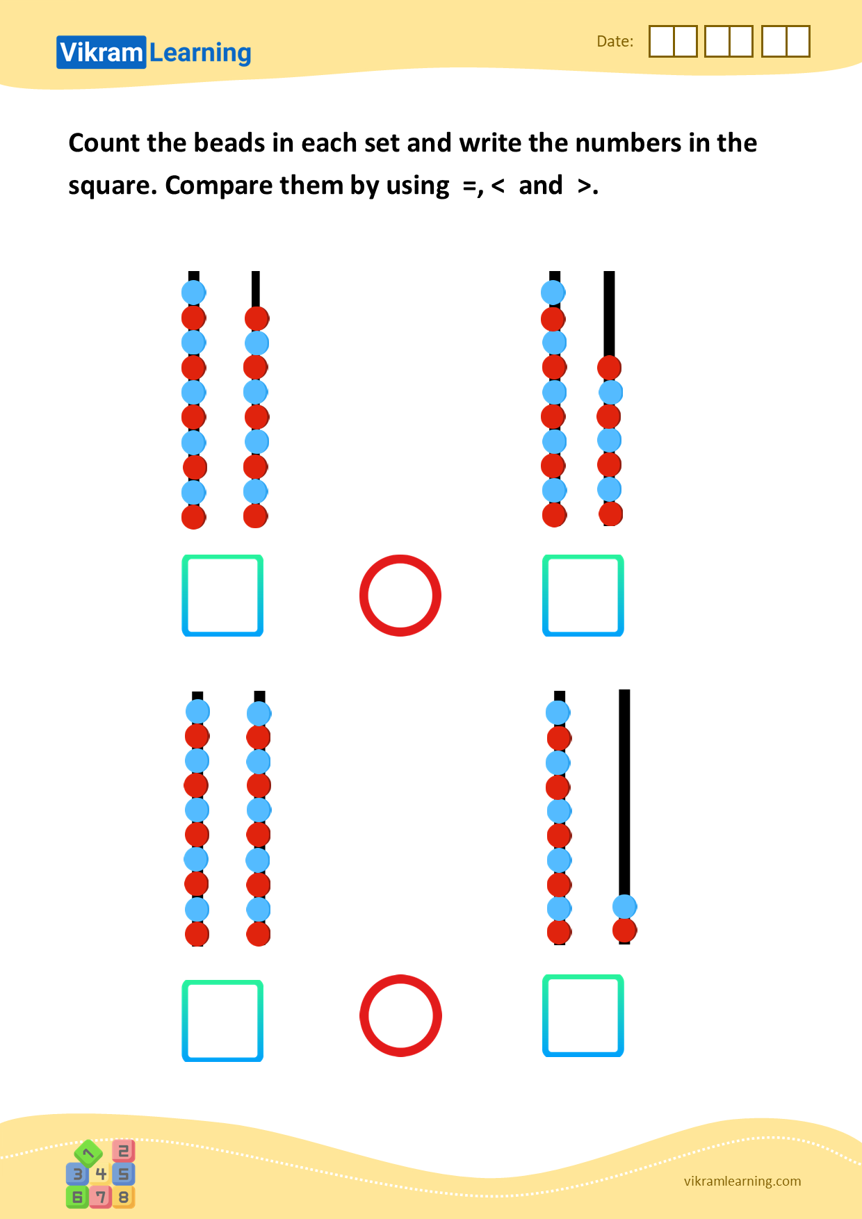 Download count the beads in each set and write the numbers in the square. compare them by using  =, <  and  > worksheets