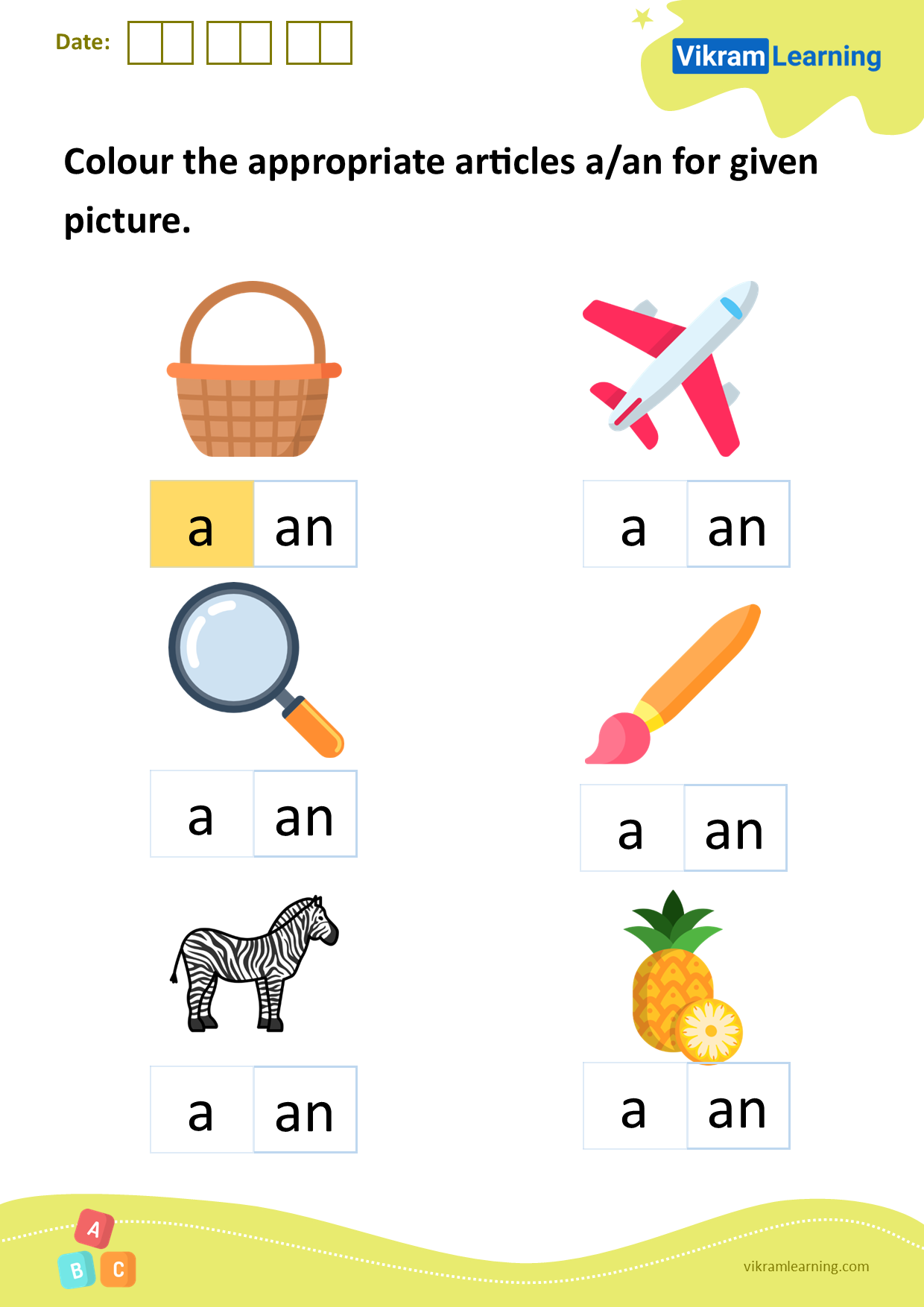 Download colour the appropriate articles a/an for given picture worksheets