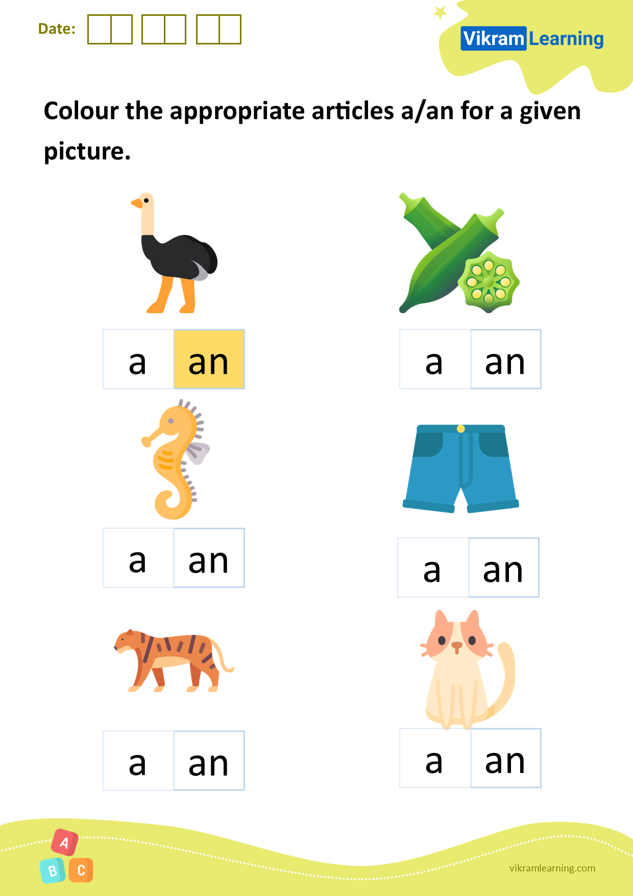 Download colour the appropriate articles a/an for a given picture worksheets
