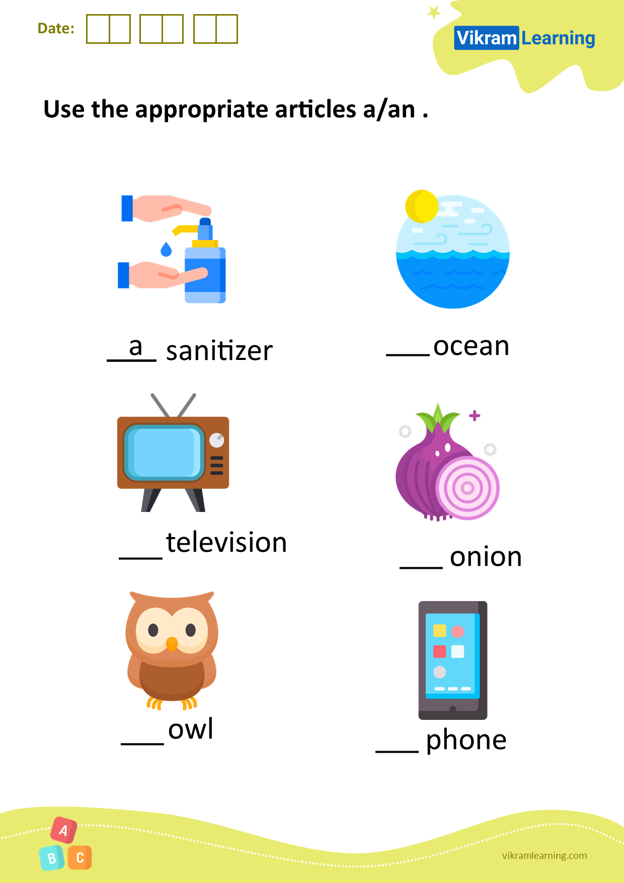 Download use the appropriate articles a/an worksheets | vikramlearning.com
