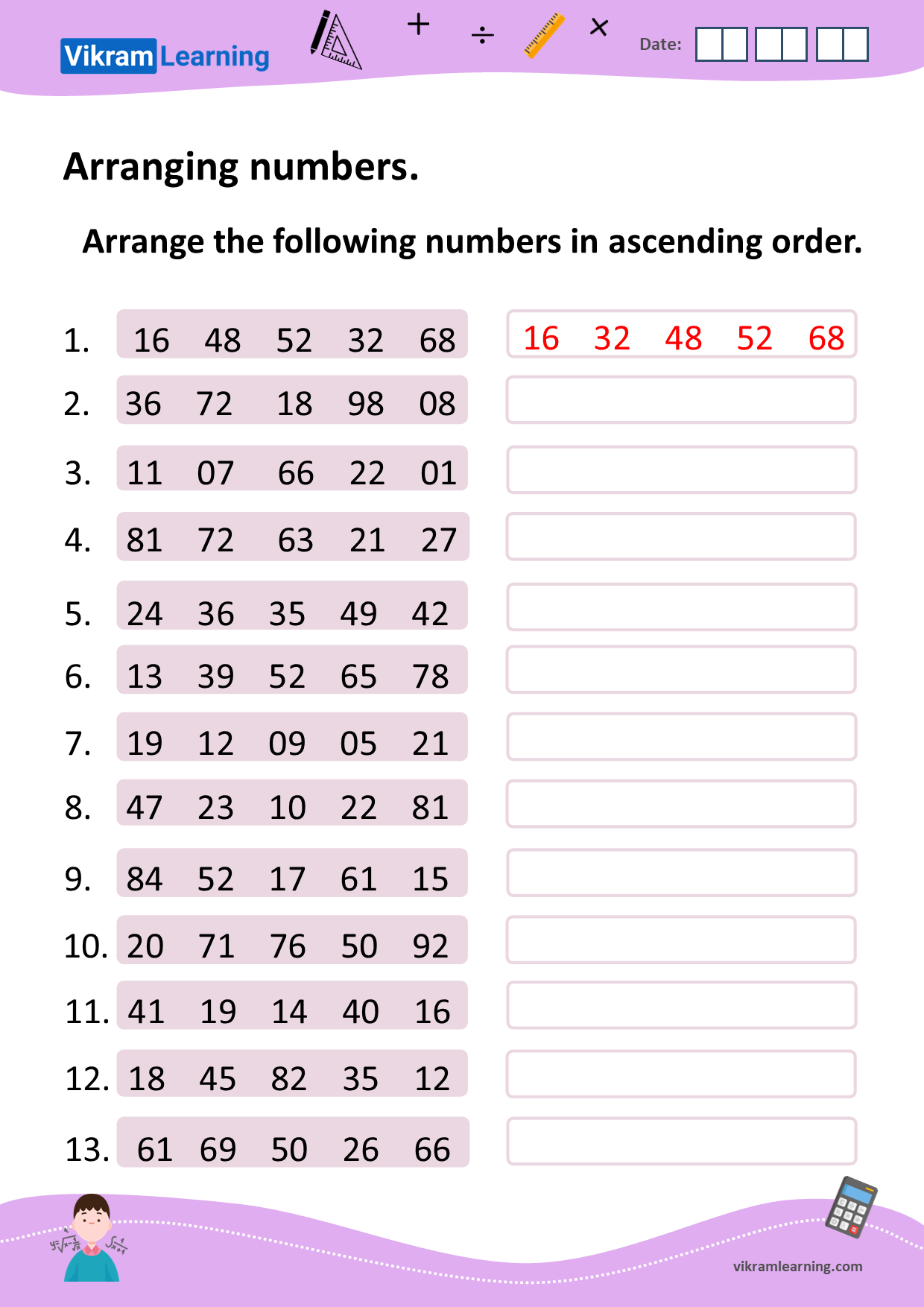 Download arranging numbers in ascending order, and descending order worksheets