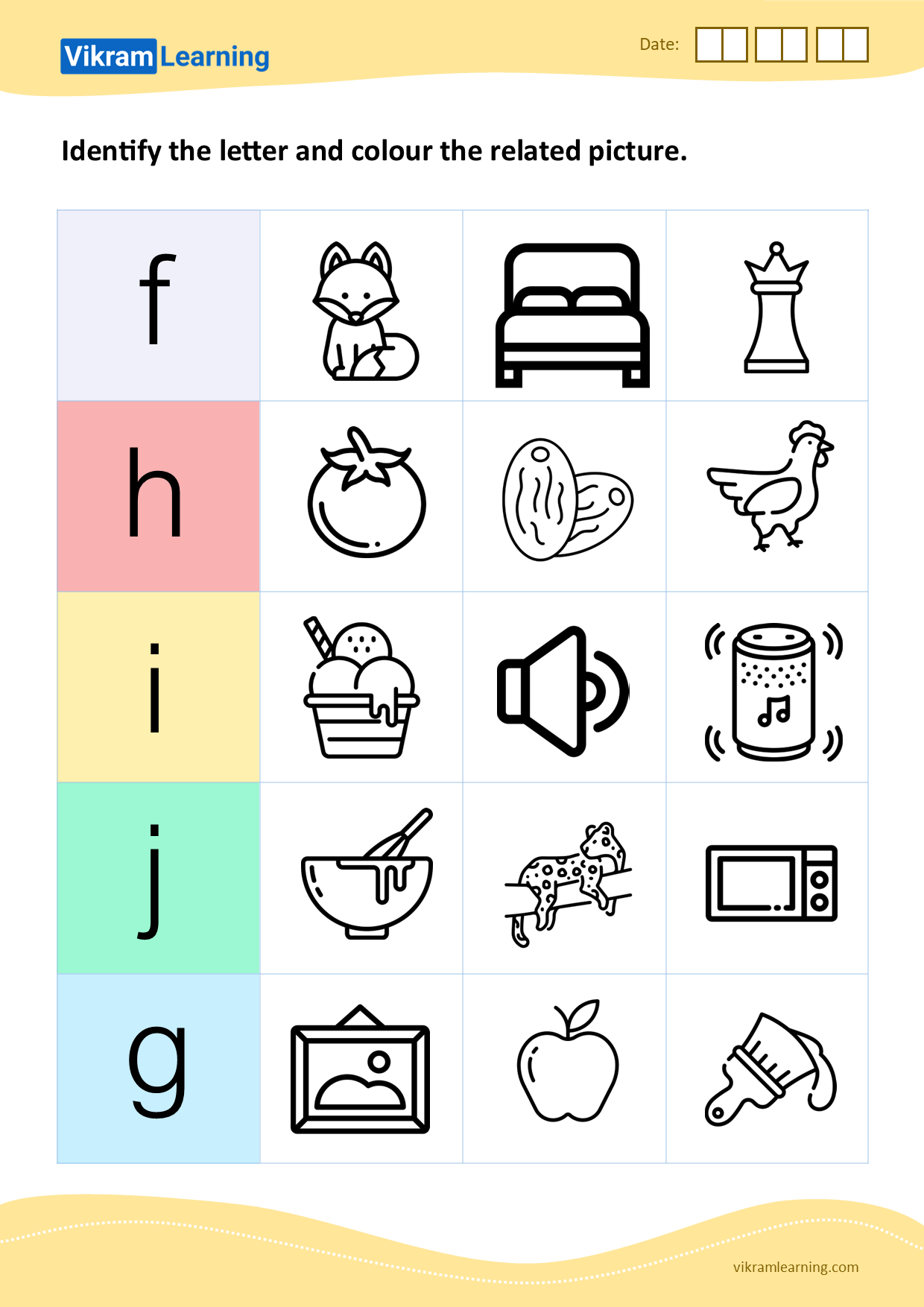 download identify the letter and colour the related picture f to j pattern 4 worksheets vikramlearning com