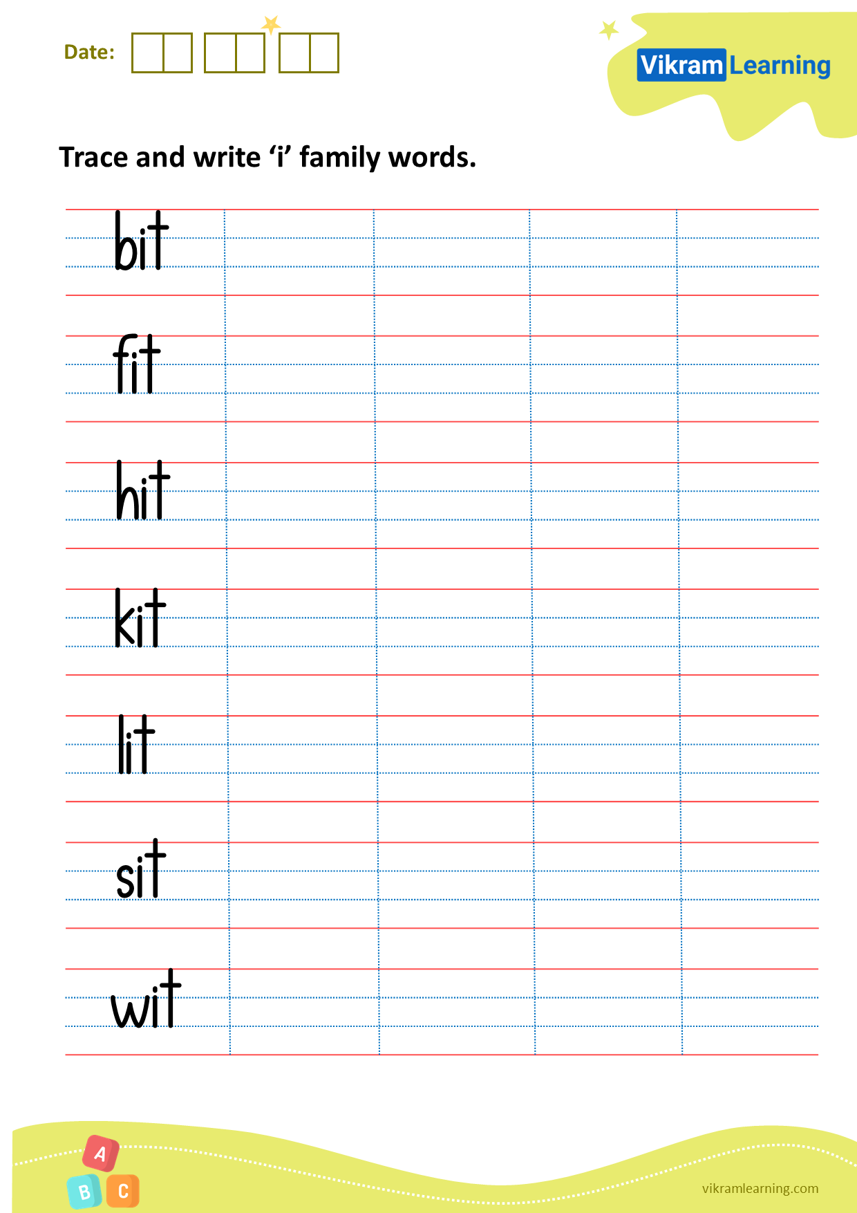 Download trace and write ‘i’ family words worksheets