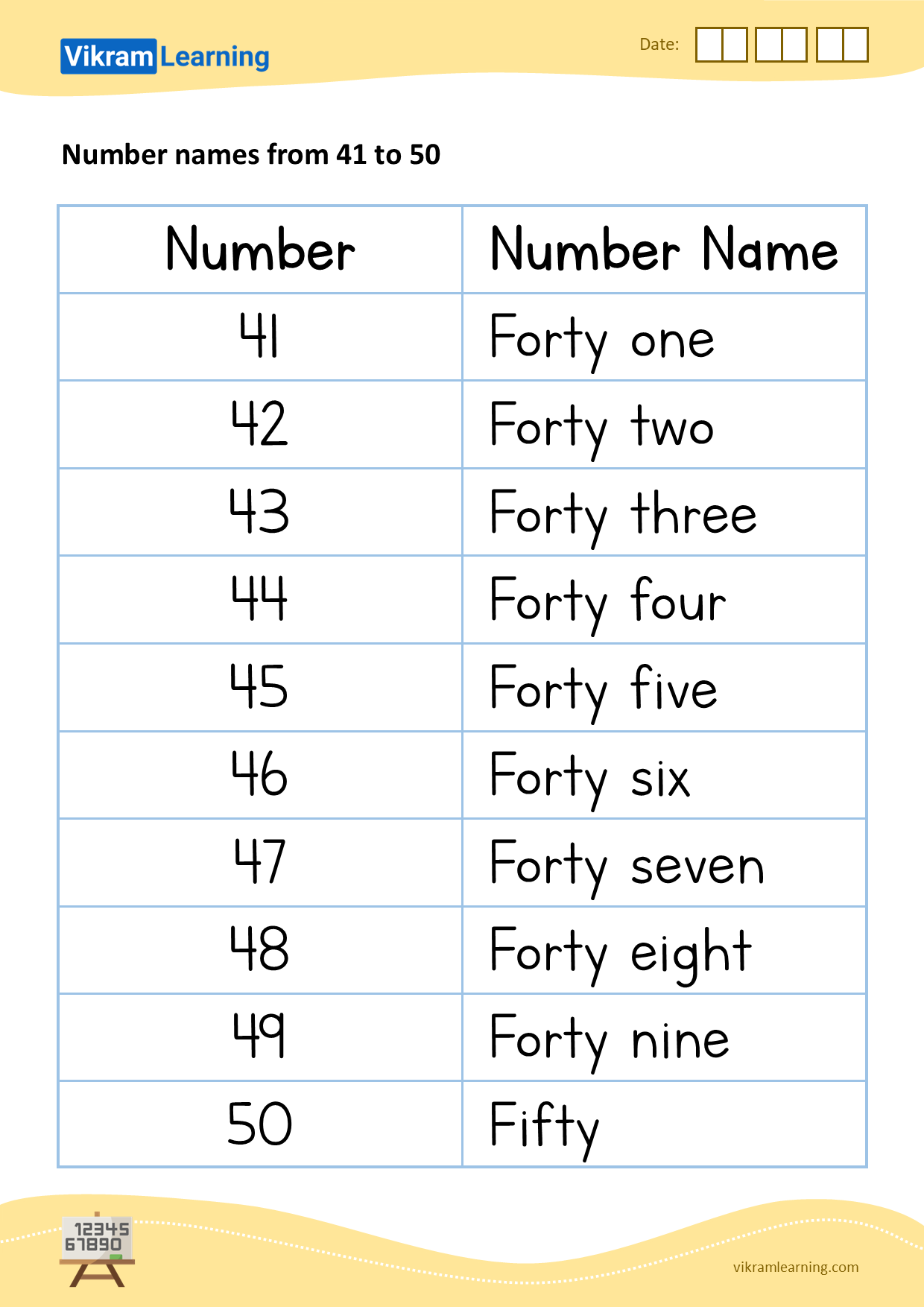 Download number names from 41 to 50 worksheets