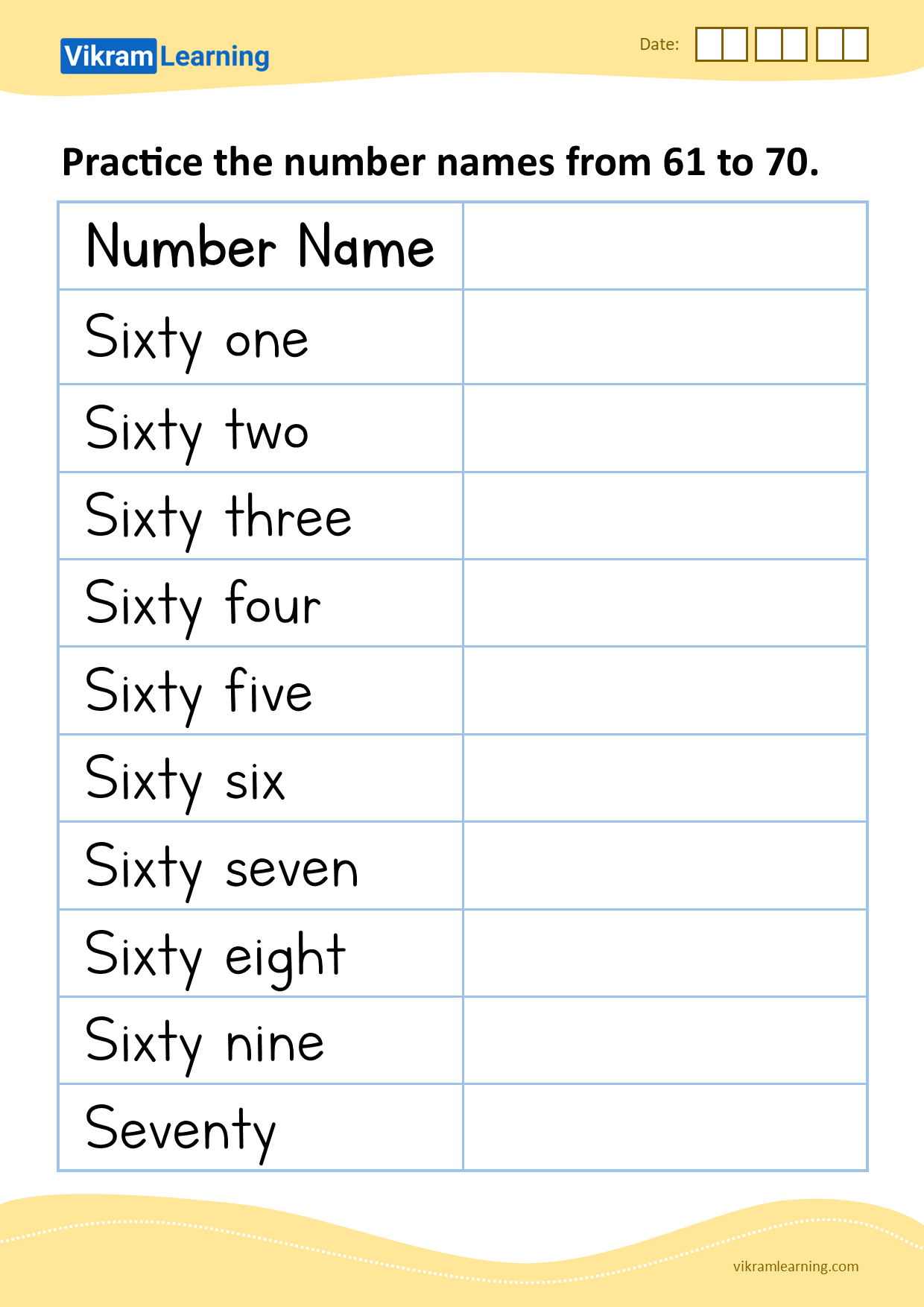 Download practice the number name from 61 to 70 worksheets