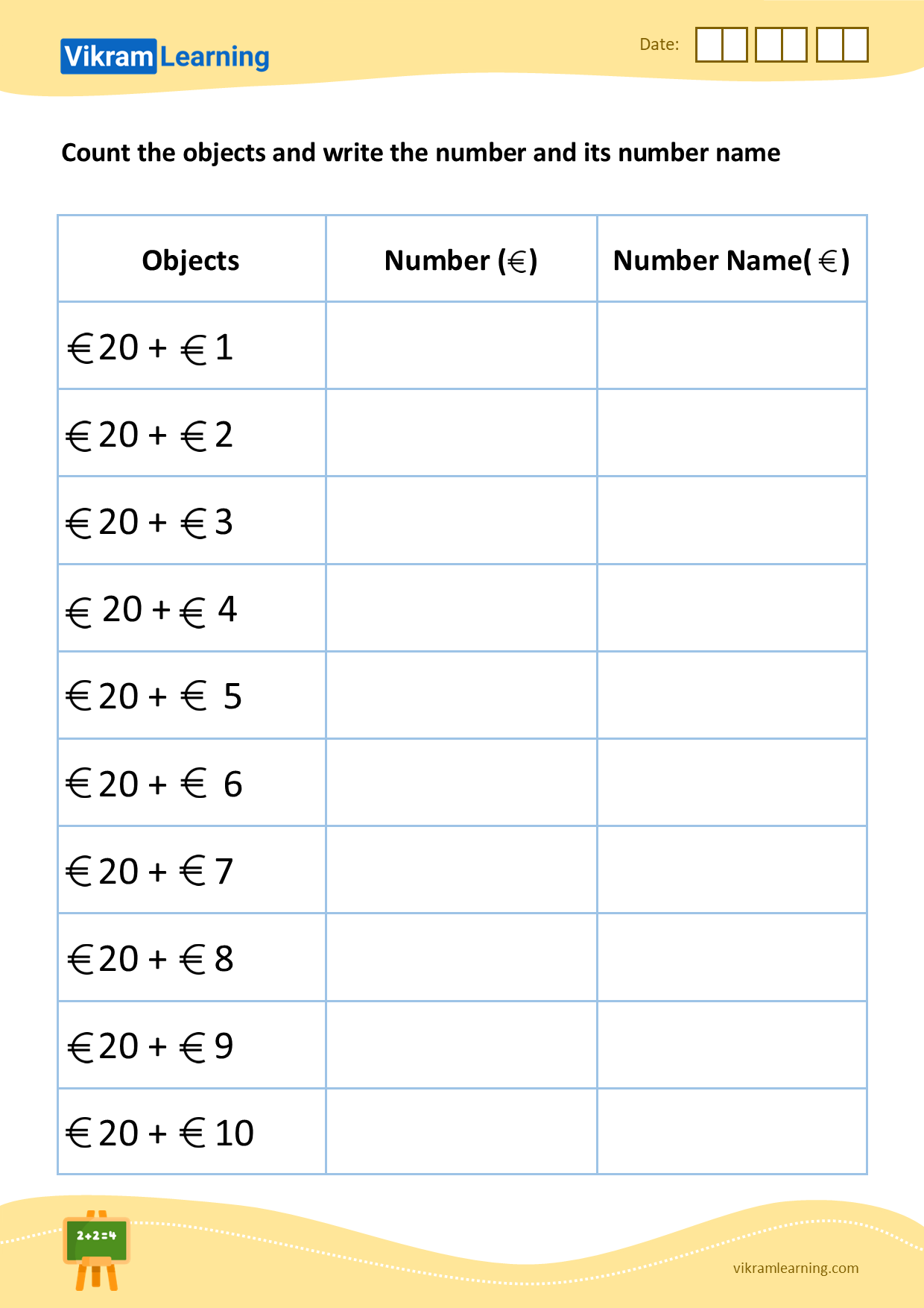 Download count the objects and write the number and its number name (21 to 30) - pattern 4 worksheets