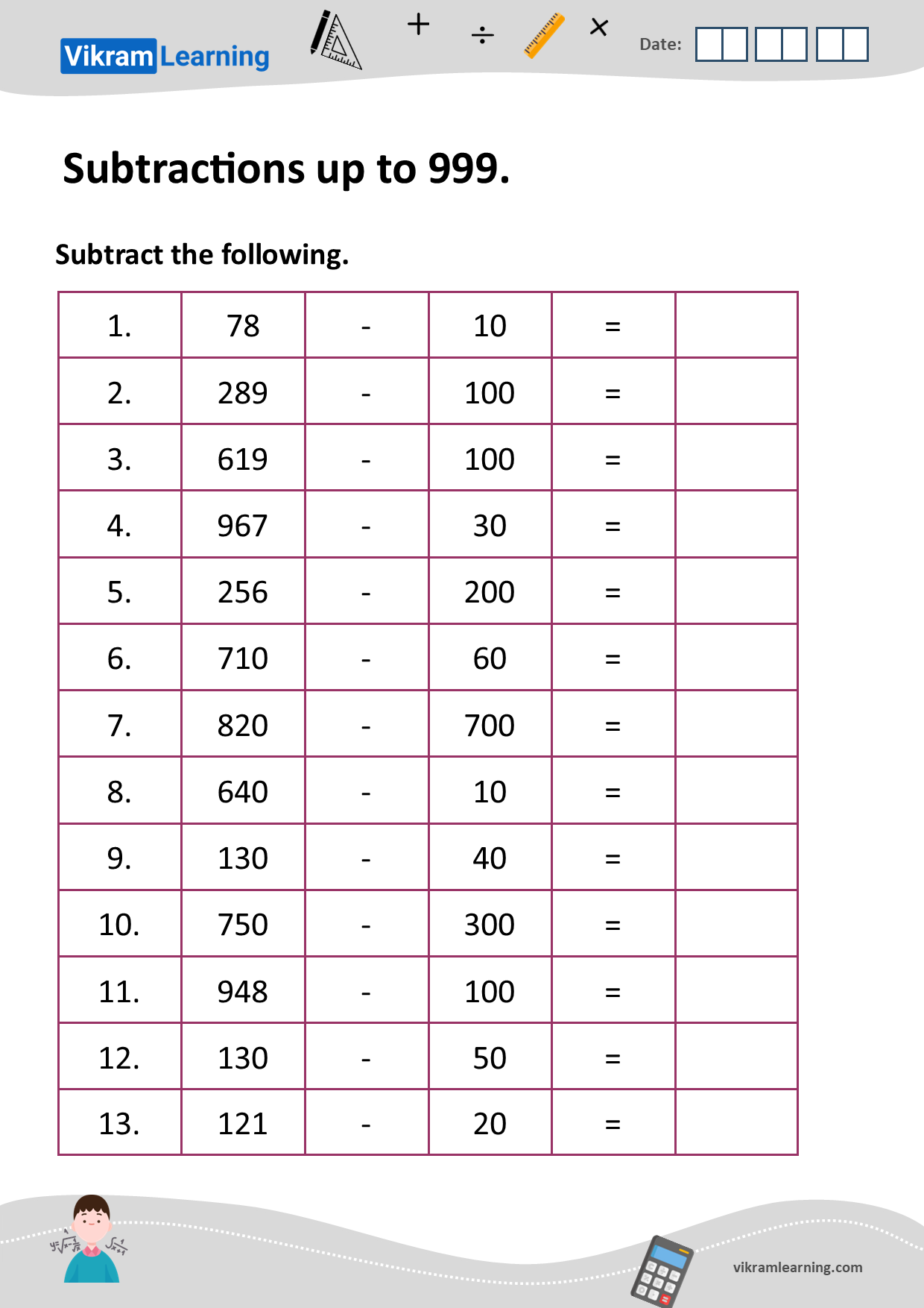 Download subtractions up to 999 worksheets