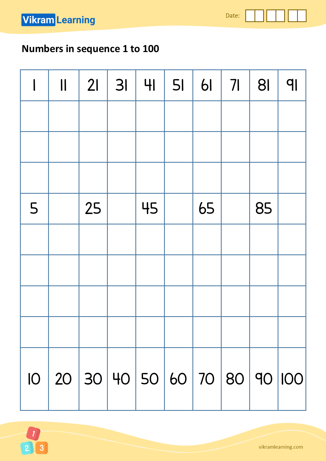 Download 07 - numbers in sequence 1 to 100 worksheets