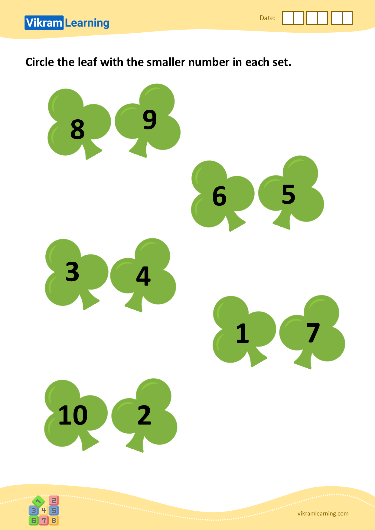 Download circle the leaf with the smaller number in each set worksheets