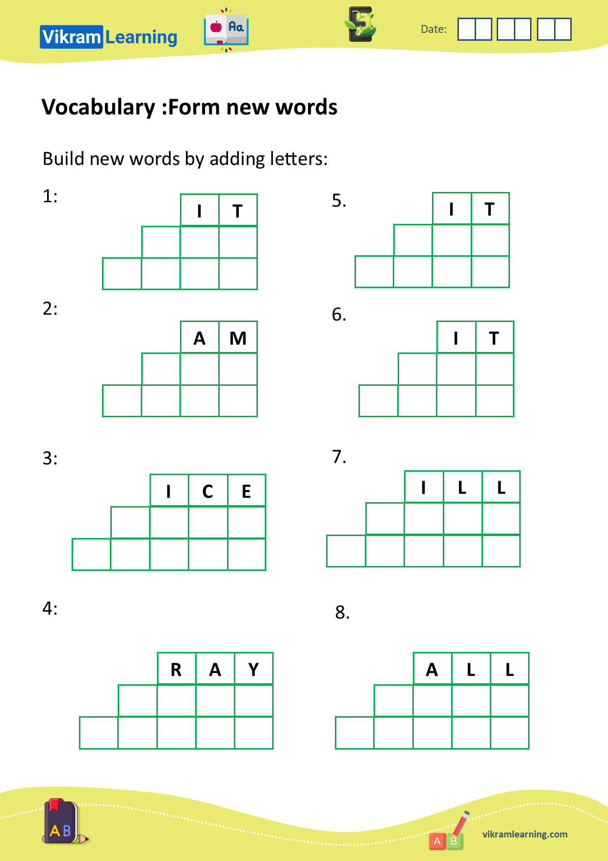 Download vocabulary: unscramble words, form new words, words ladder, forming new words by adding, removing, or replacing letters, build new words, example: it, kit, skit, ray, pray, spray, all, mall, small, etc. worksheets