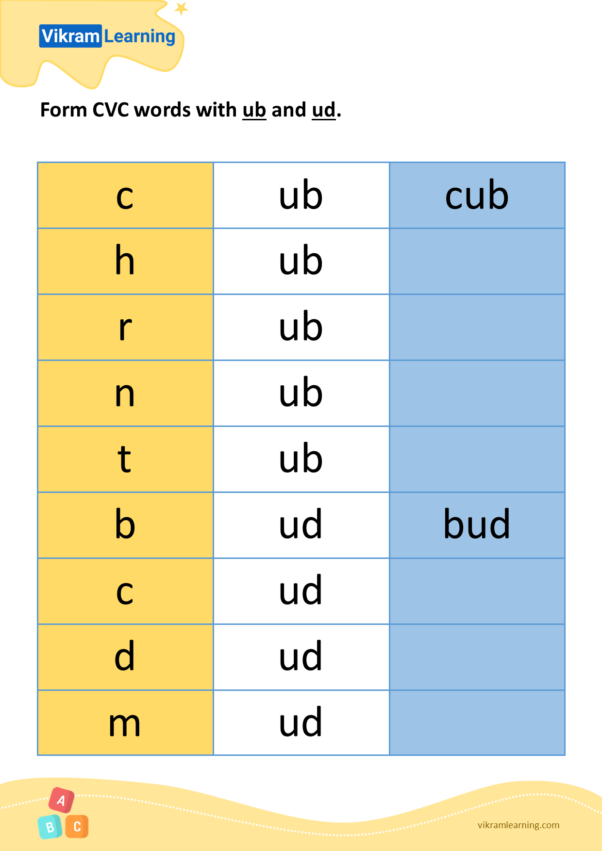 Download form cvc words with ub and ud worksheets