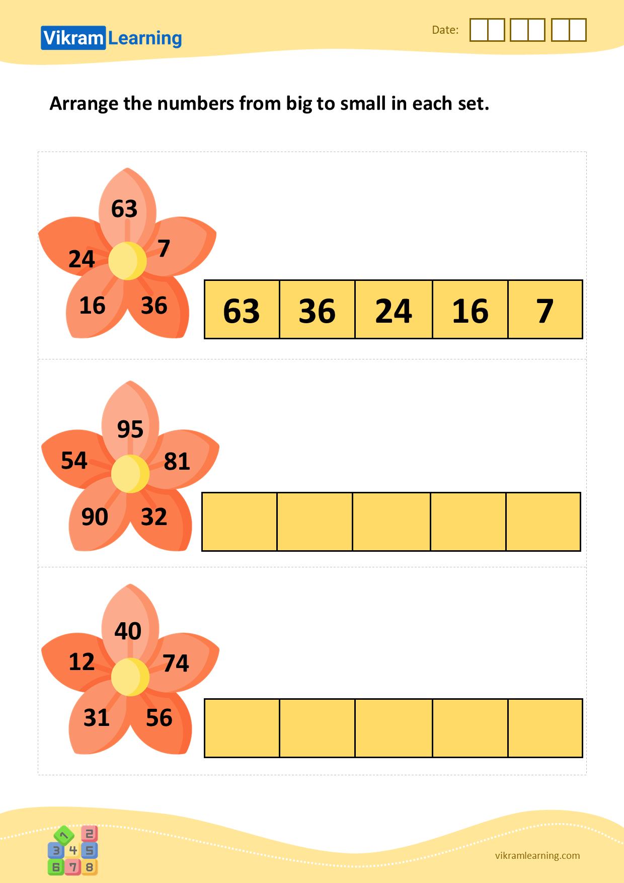 Download arrange the numbers from big to small in each set worksheets