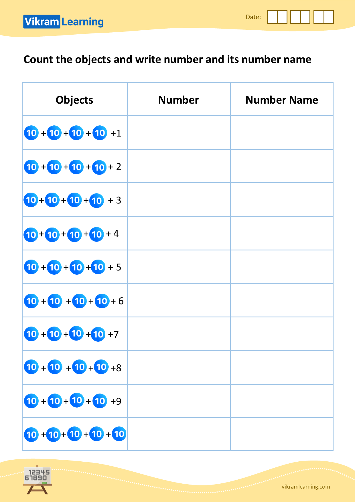 Download count the objects and write number and its number name - 1 worksheets
