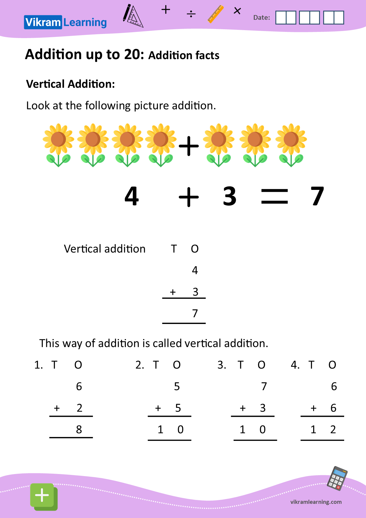 Download addition up to 20 using vertical addition worksheets