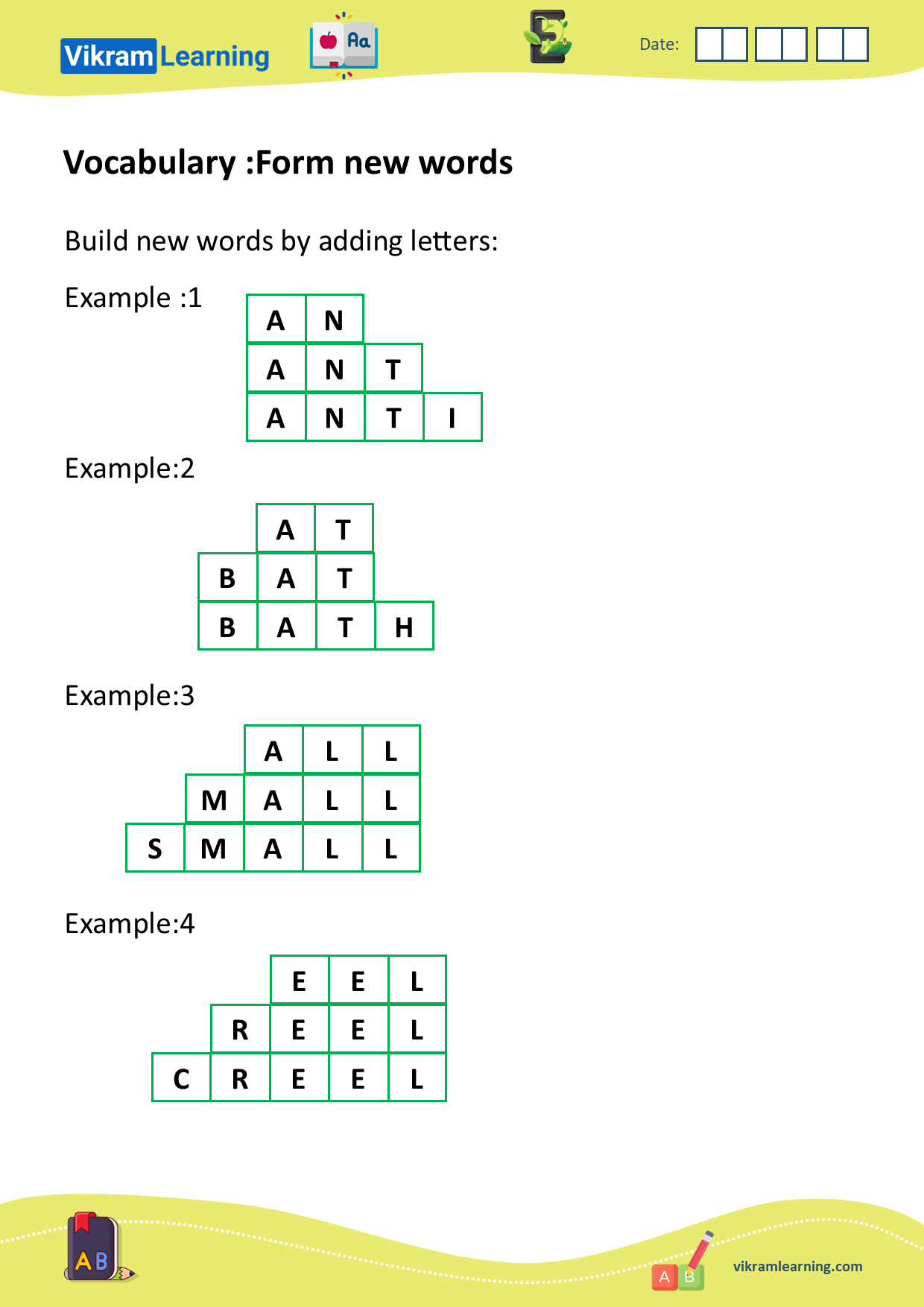 Download vocabulary: unscramble words, form new words, words ladder, forming new words by adding, removing, or replacing letters, build new words worksheets