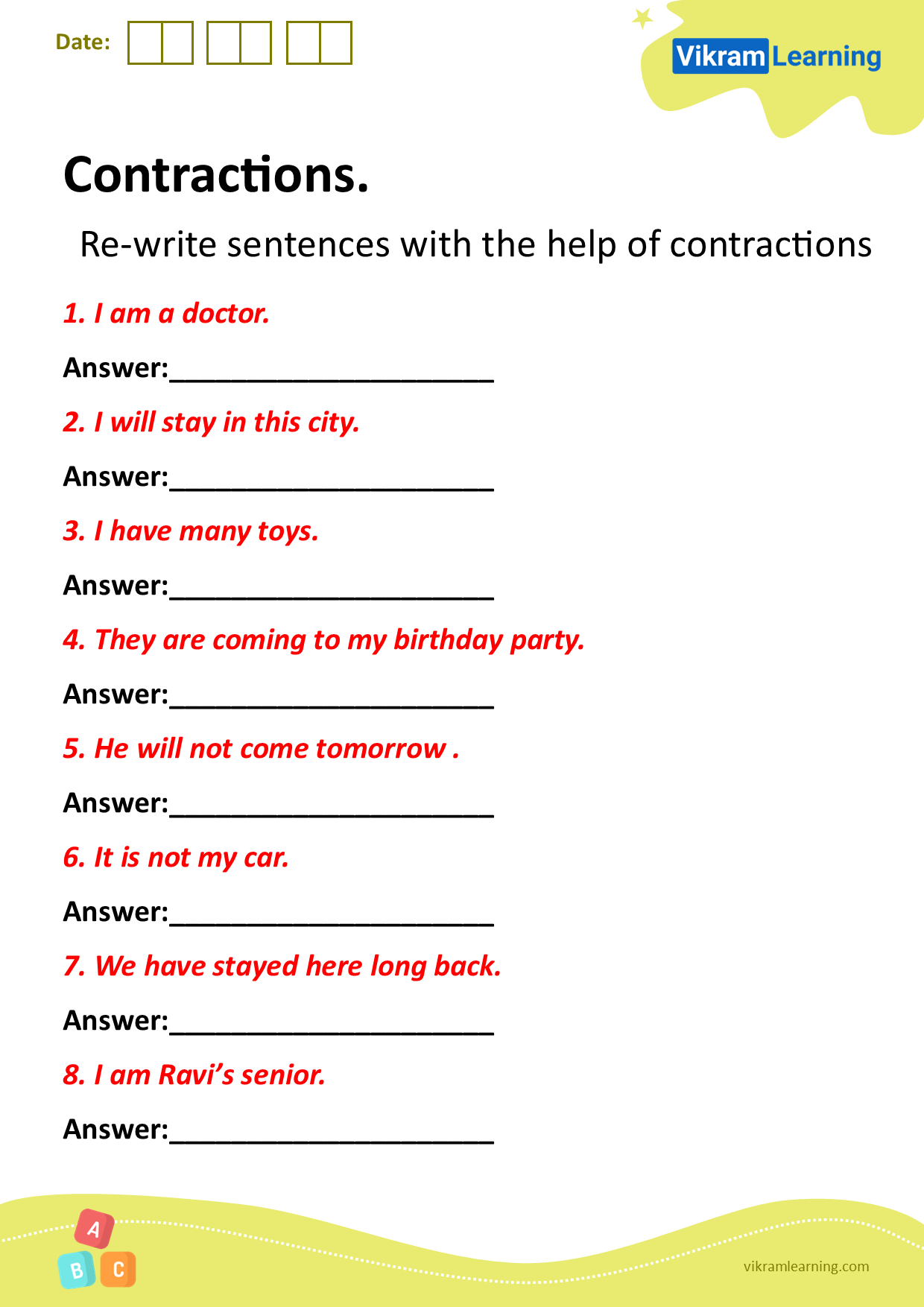 Download Contractions Worksheets | Vikramlearning.com