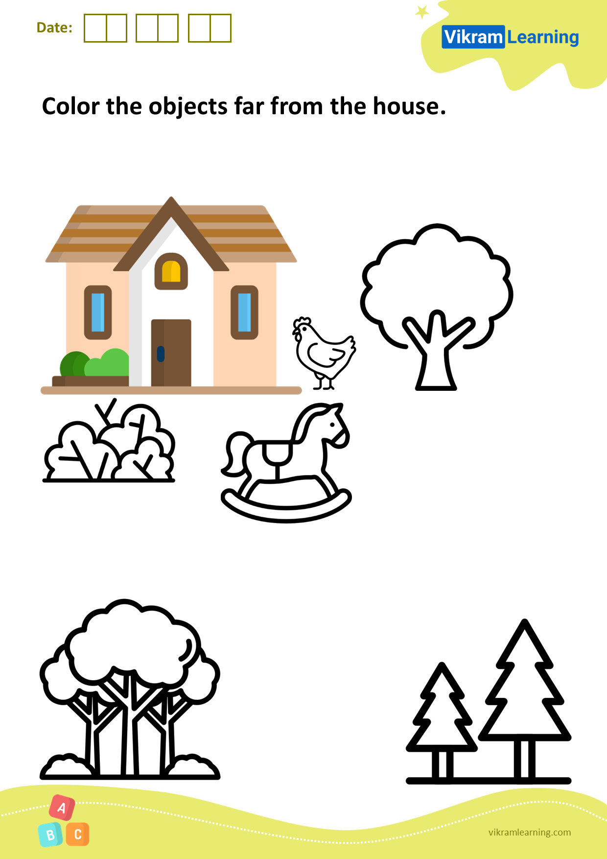 Download color the objects far from the house worksheets