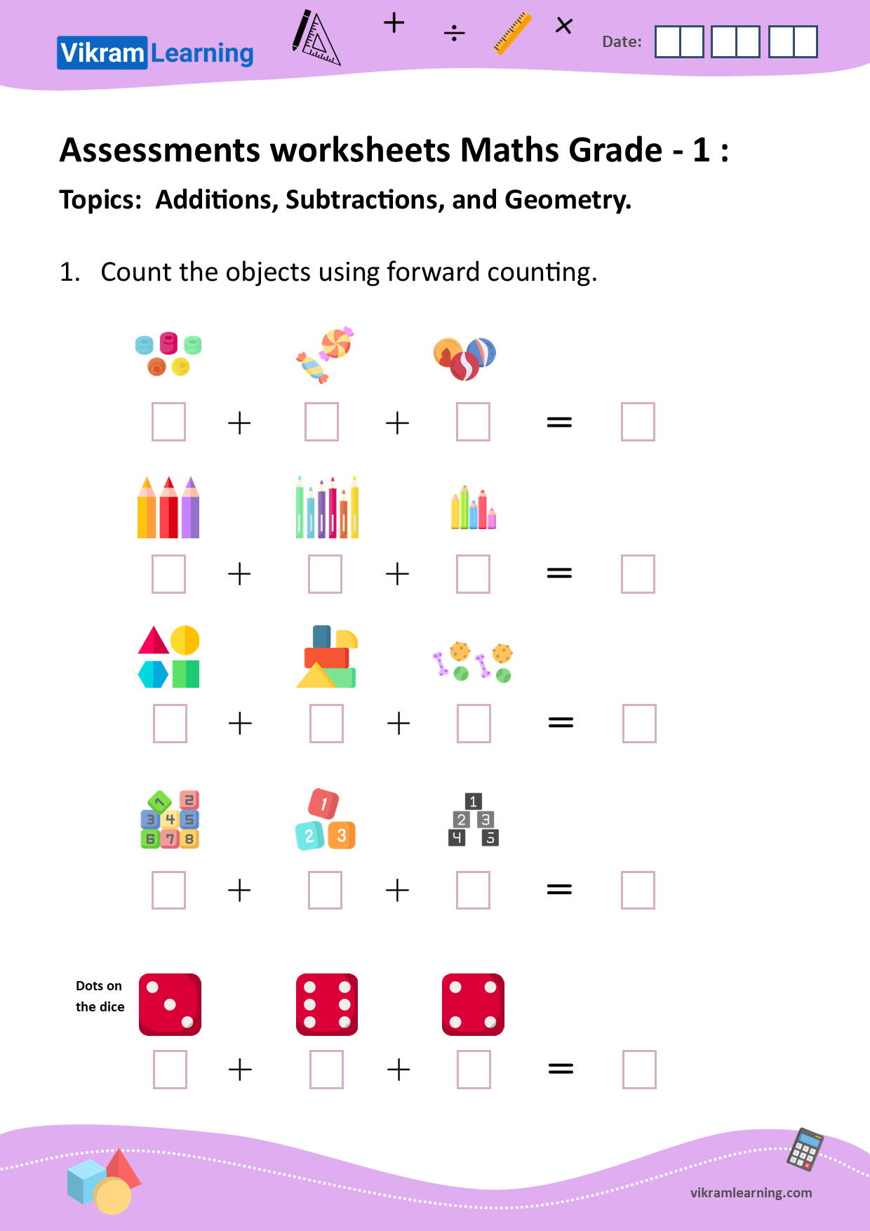 Download assessments worksheets maths grade - 1, additions, subtraction, and geometry worksheets
