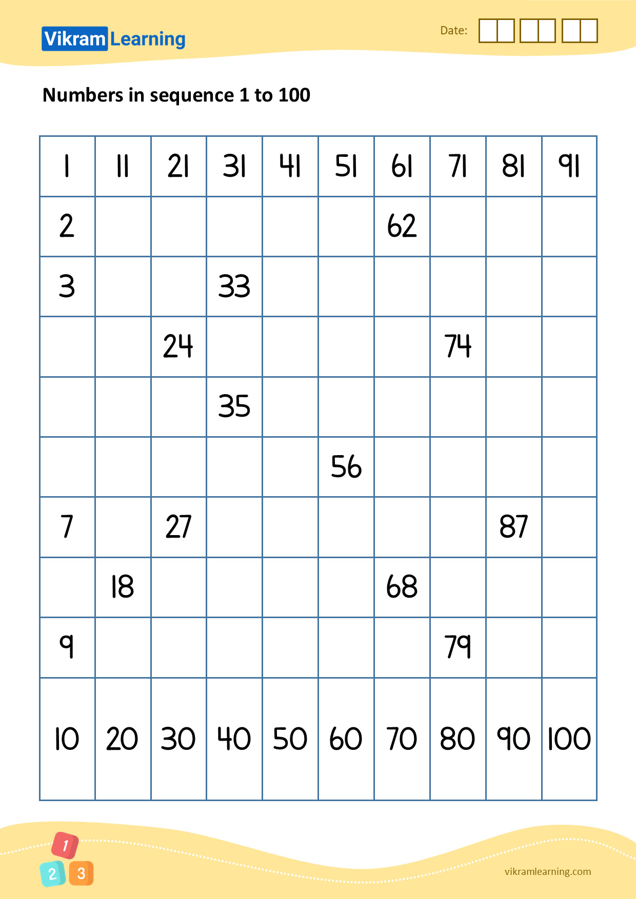 Download 01 - numbers in sequence 1 to 100 worksheets