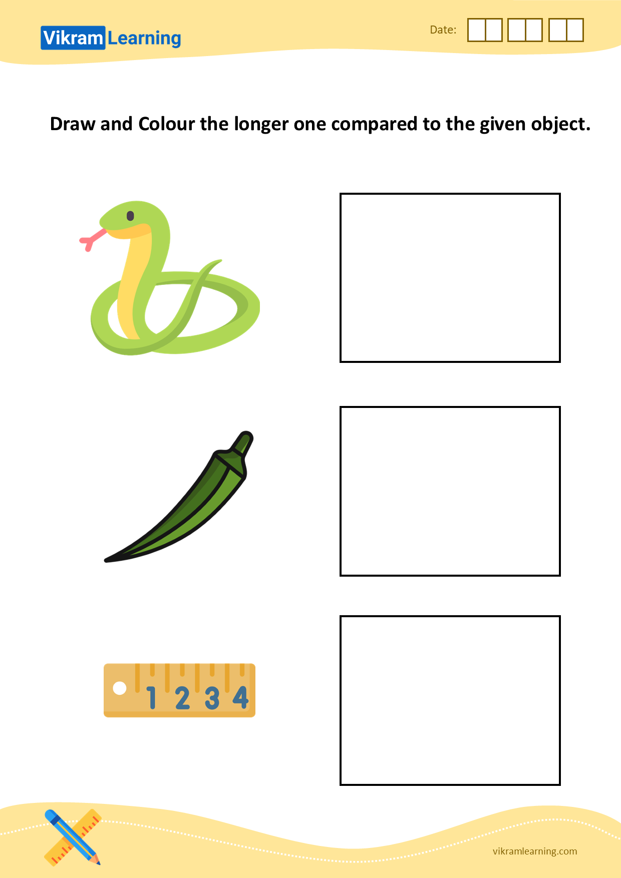 Download draw and colour the longer one compared to the given object worksheets