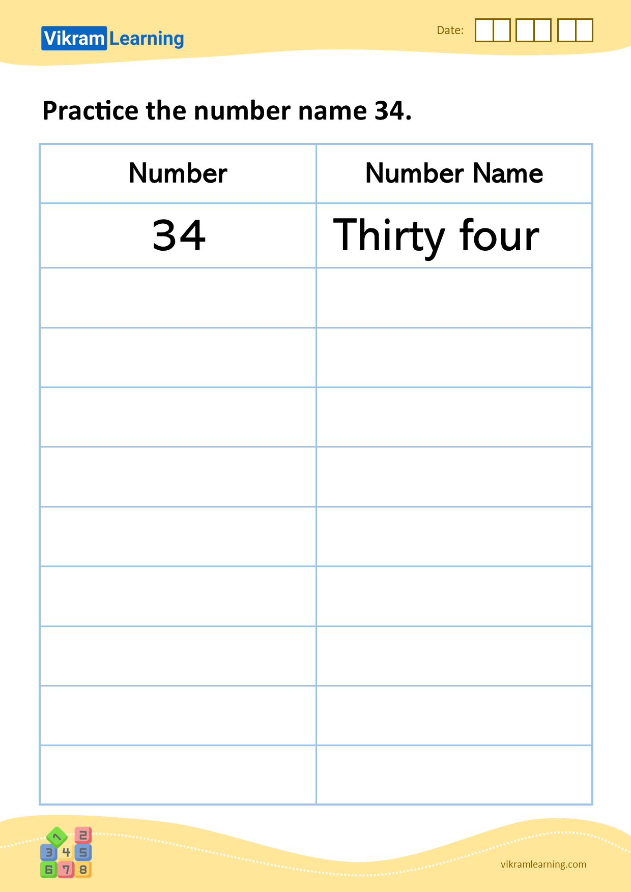 Download practice the number name 34 worksheets