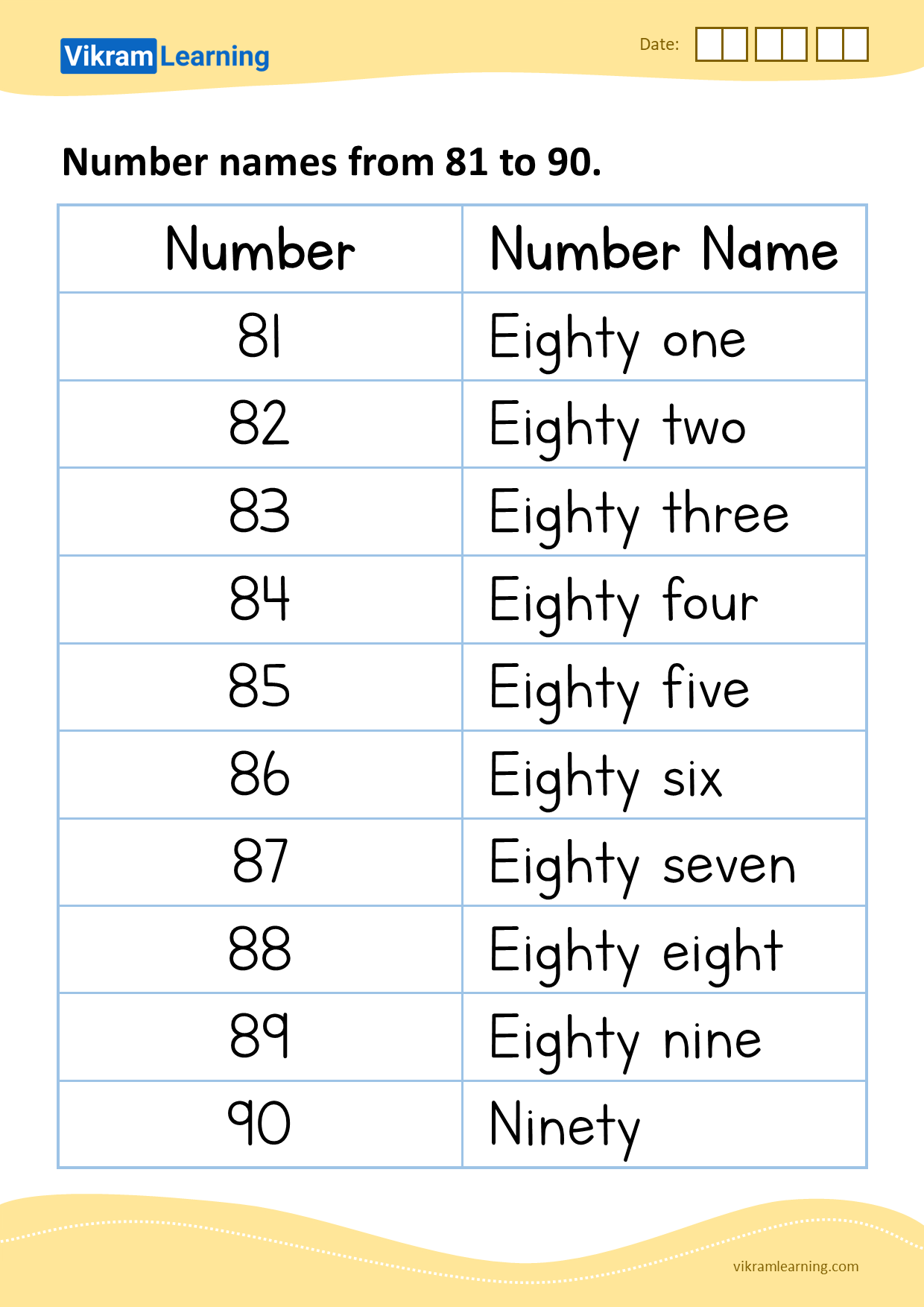 Download number names from 81 to 90 worksheets