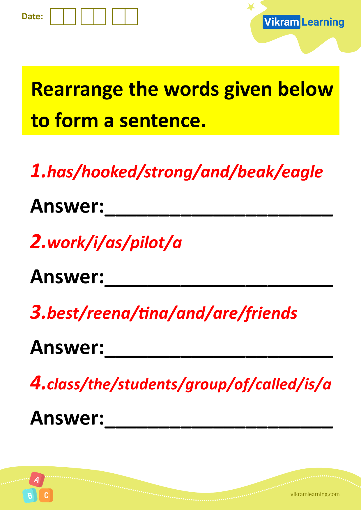 Download Rearrange The Words Given Below To Form A Sentence Worksheets Vikramlearning