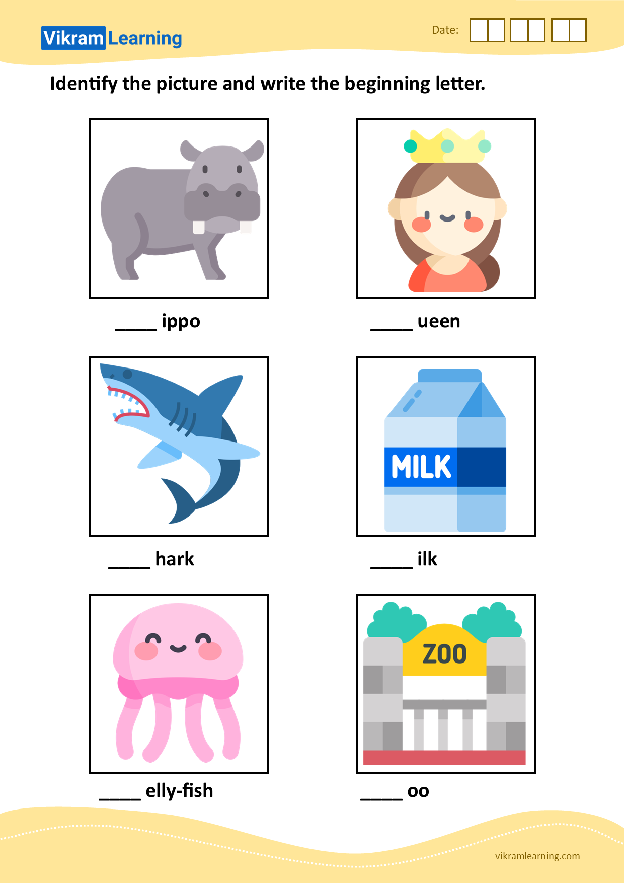Download identify the picture and write the beginning letter - pattern 8 worksheets