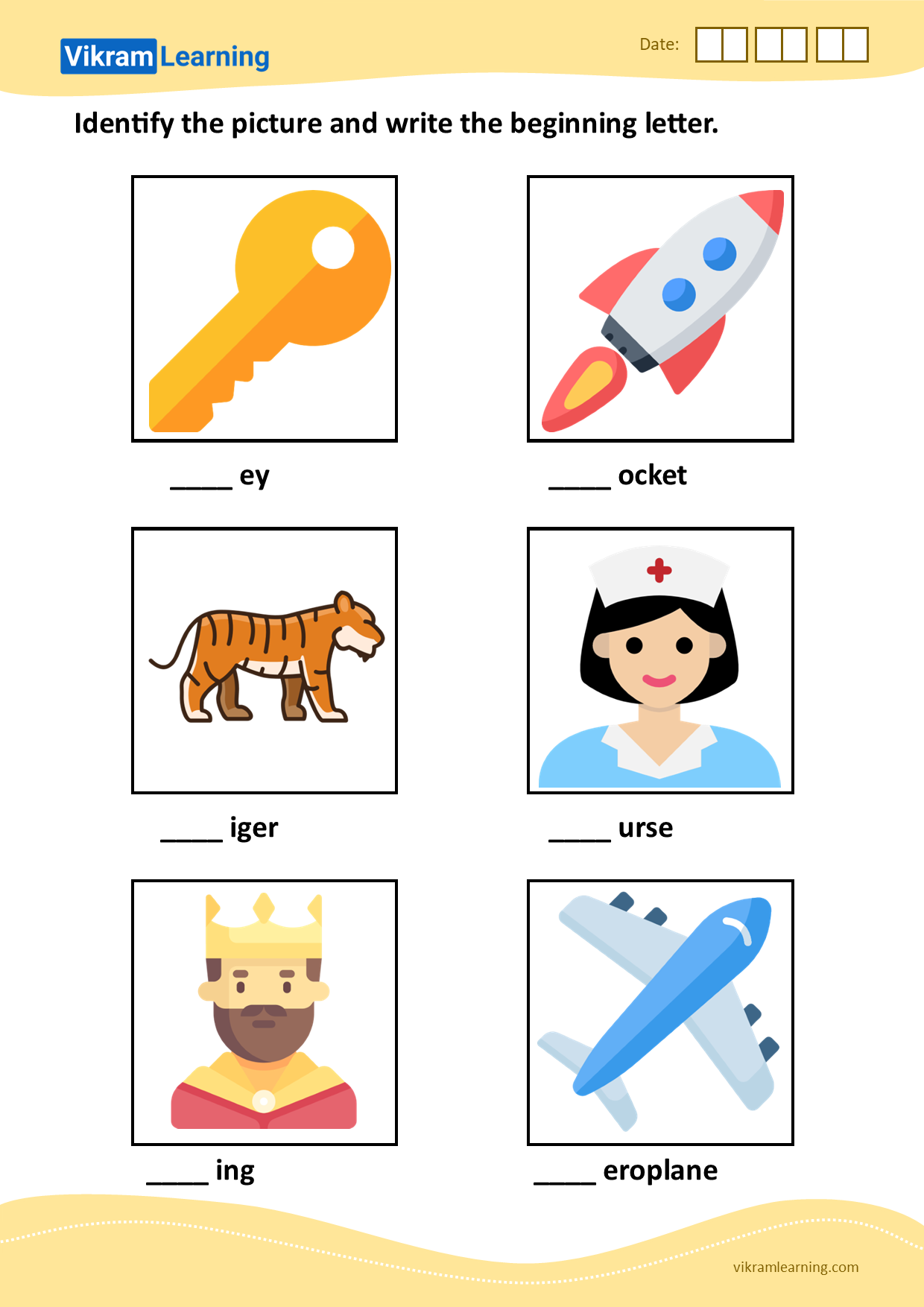 Download identify the picture and write the beginning letter - pattern 9 worksheets