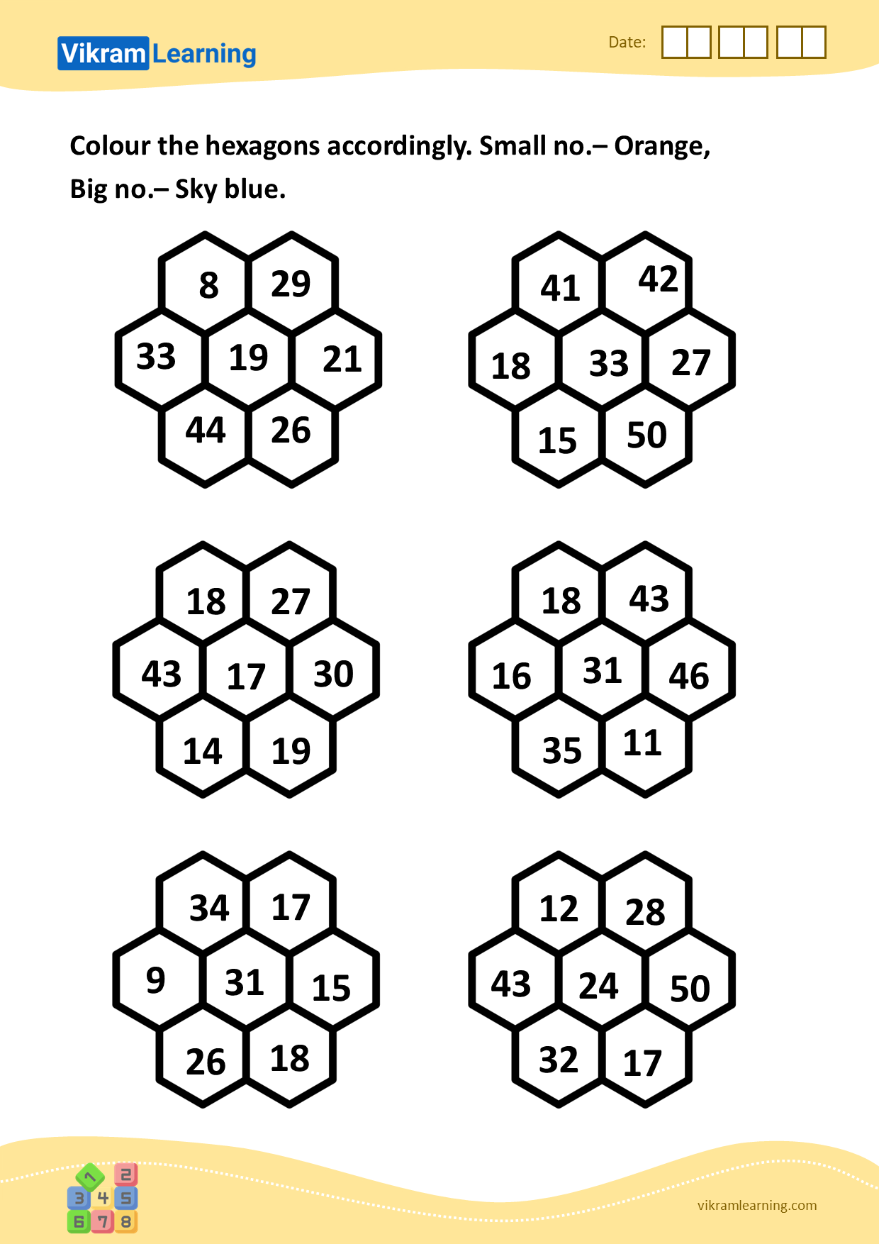 Download colour the hexagons accordingly. small no.– orange, big no.– sky blue worksheets