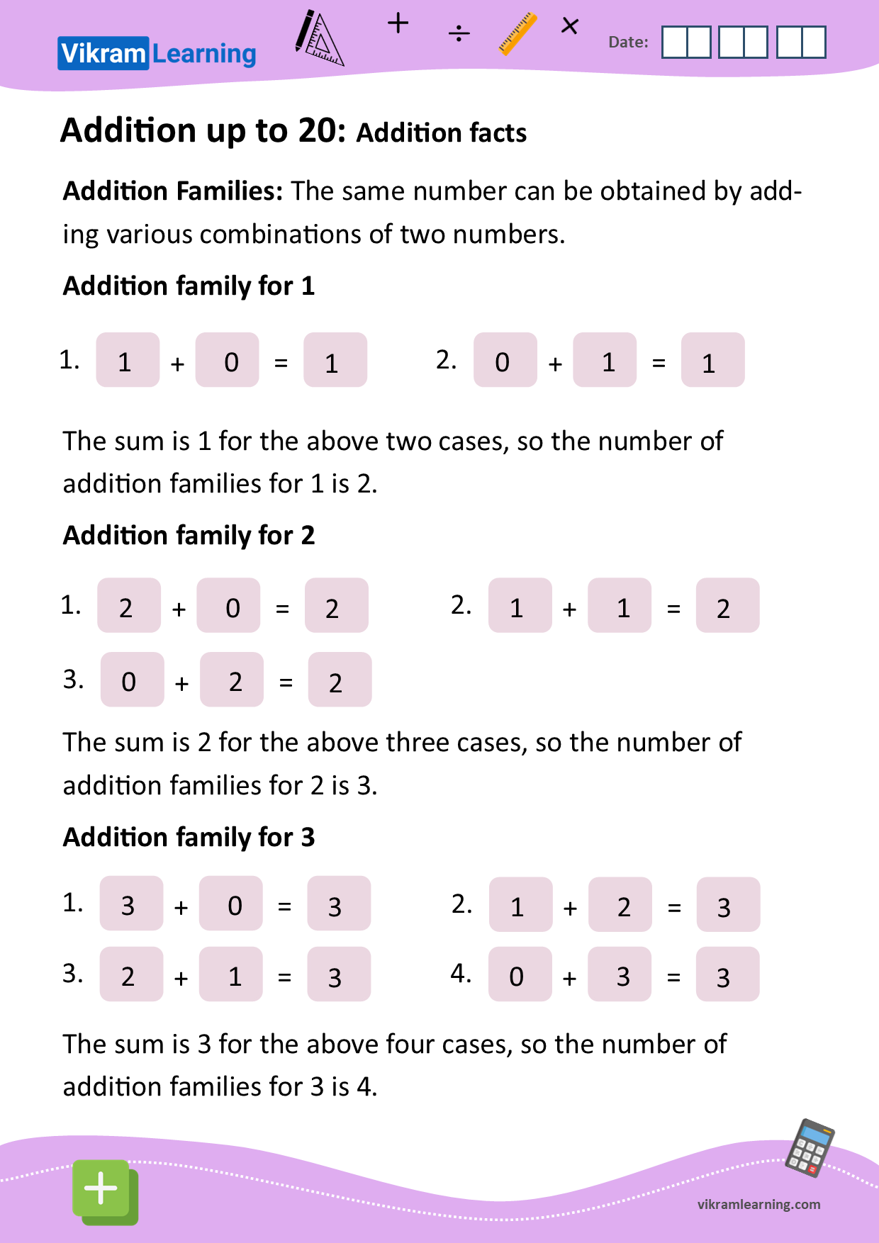 Download addition families worksheets