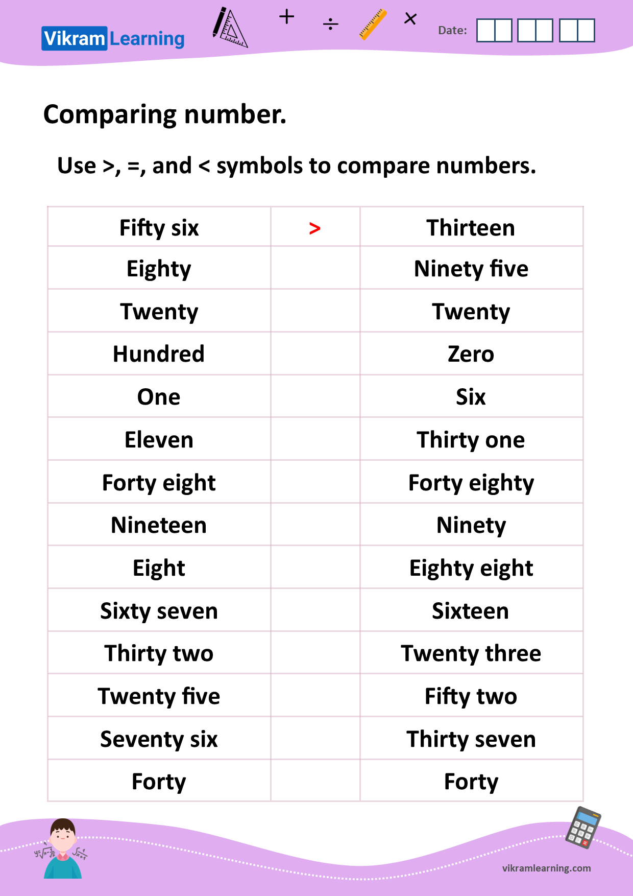 Download comparing numbers up to 100 worksheets